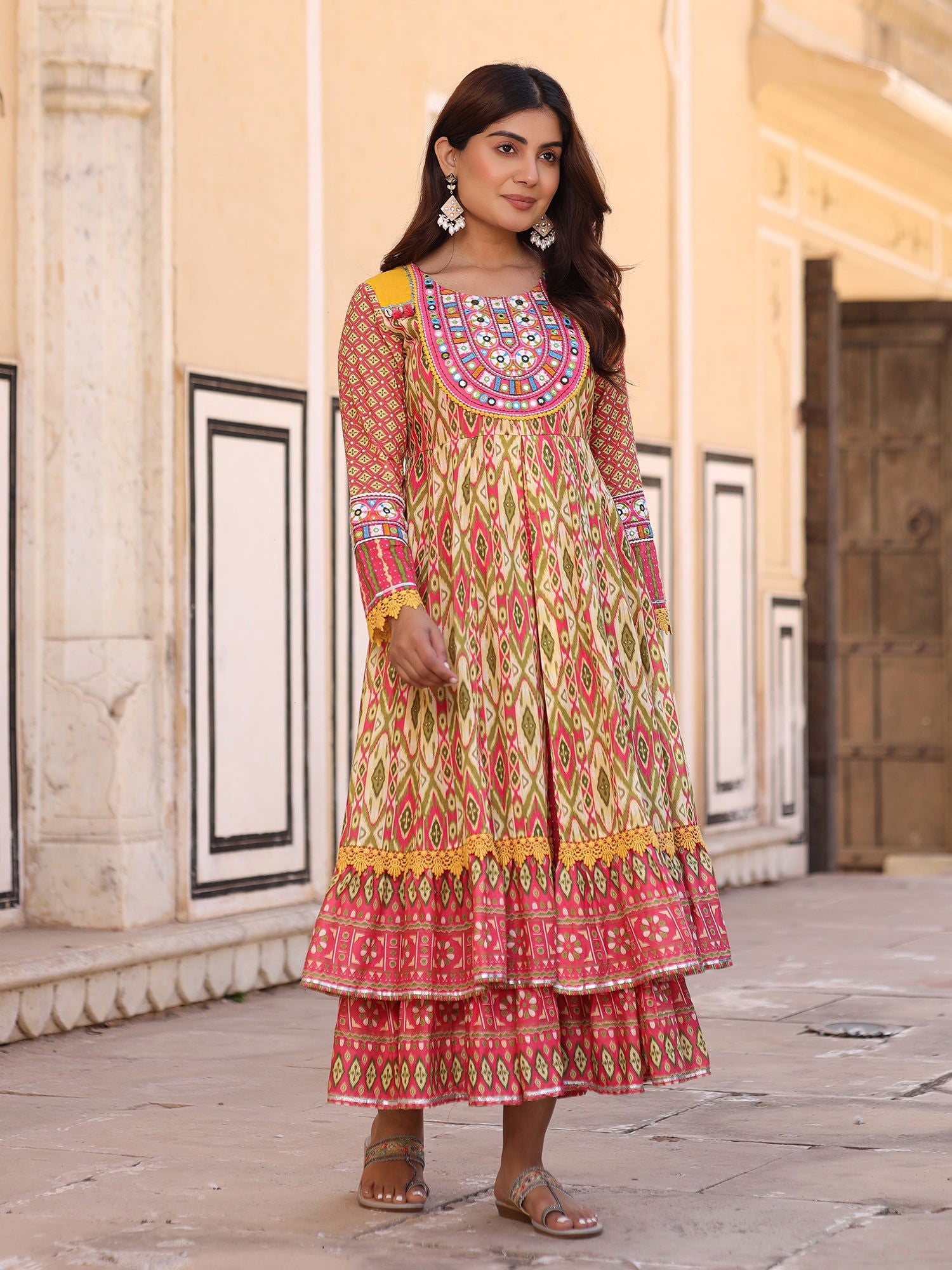 Juniper Green Cotton Ikat Printed Layered Maxi Dress With Thread Embroidery & Dori Tassel Tie-Up At Waist