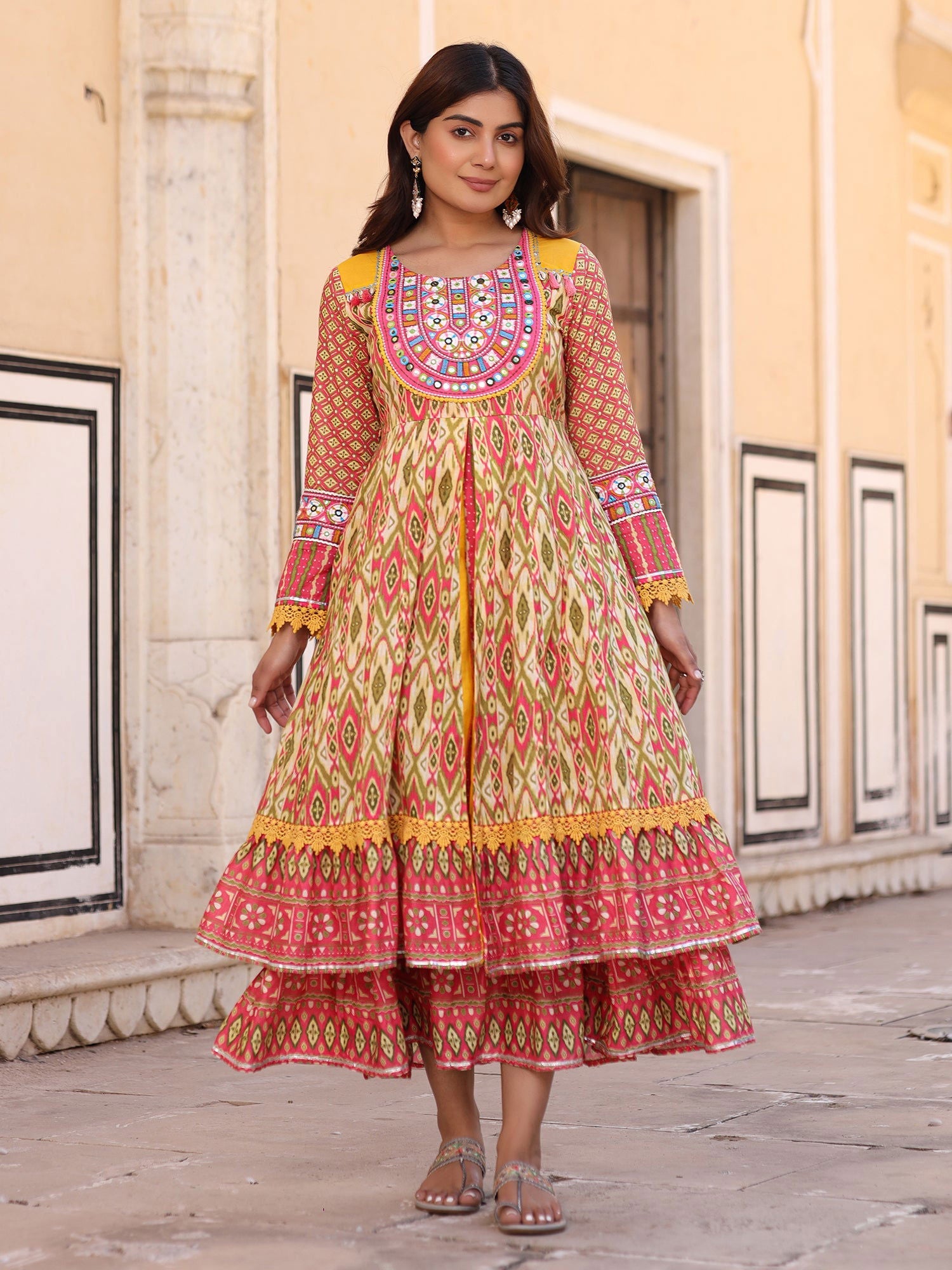 Juniper Green Cotton Ikat Printed Layered Maxi Dress With Thread Embroidery & Dori Tassel Tie-Up At Waist