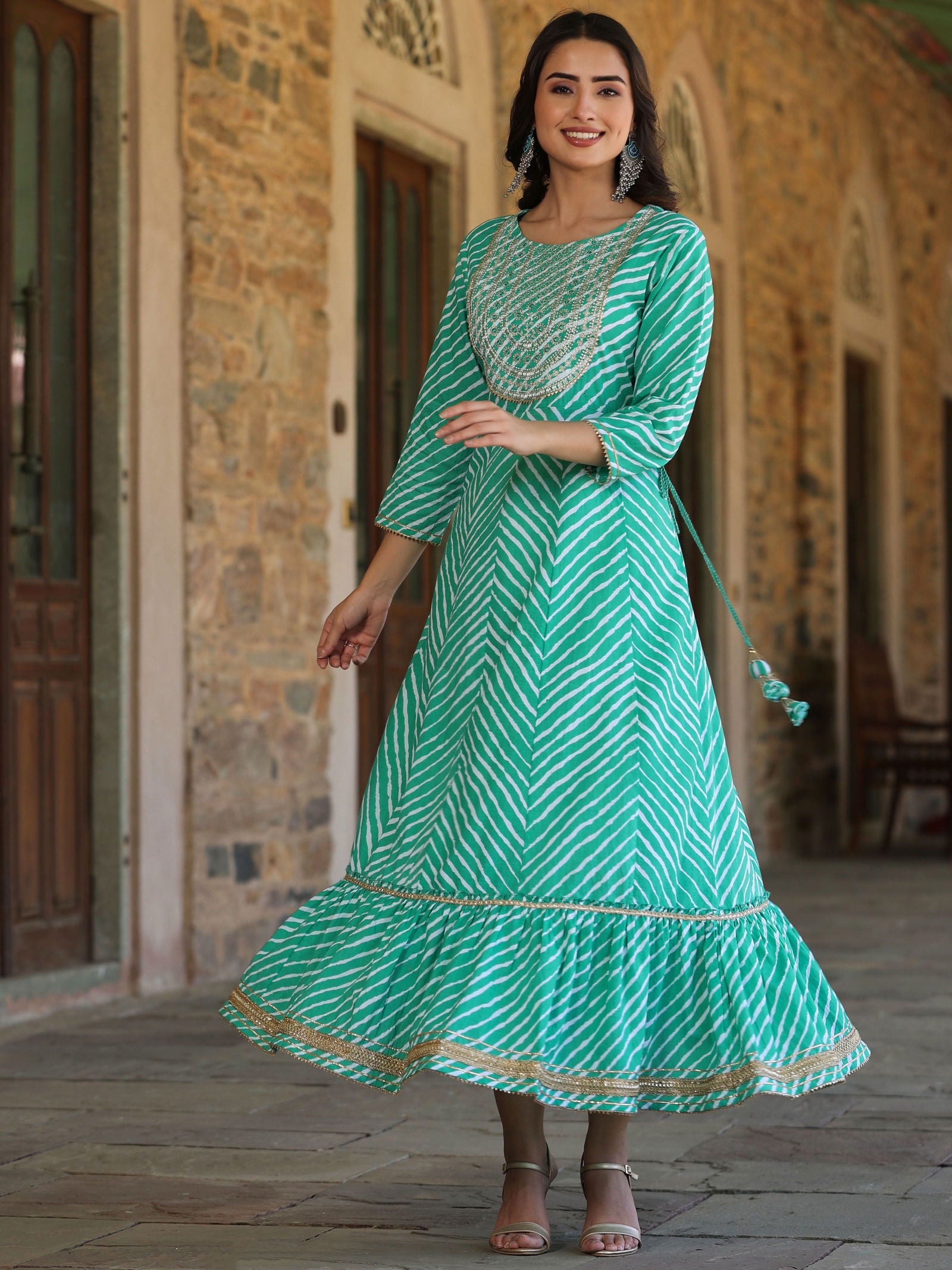 Juniper Green Cotton Leheriya Printed Anarkali Dress With Embroidered Yoke & Dori Tie-Up At Waist