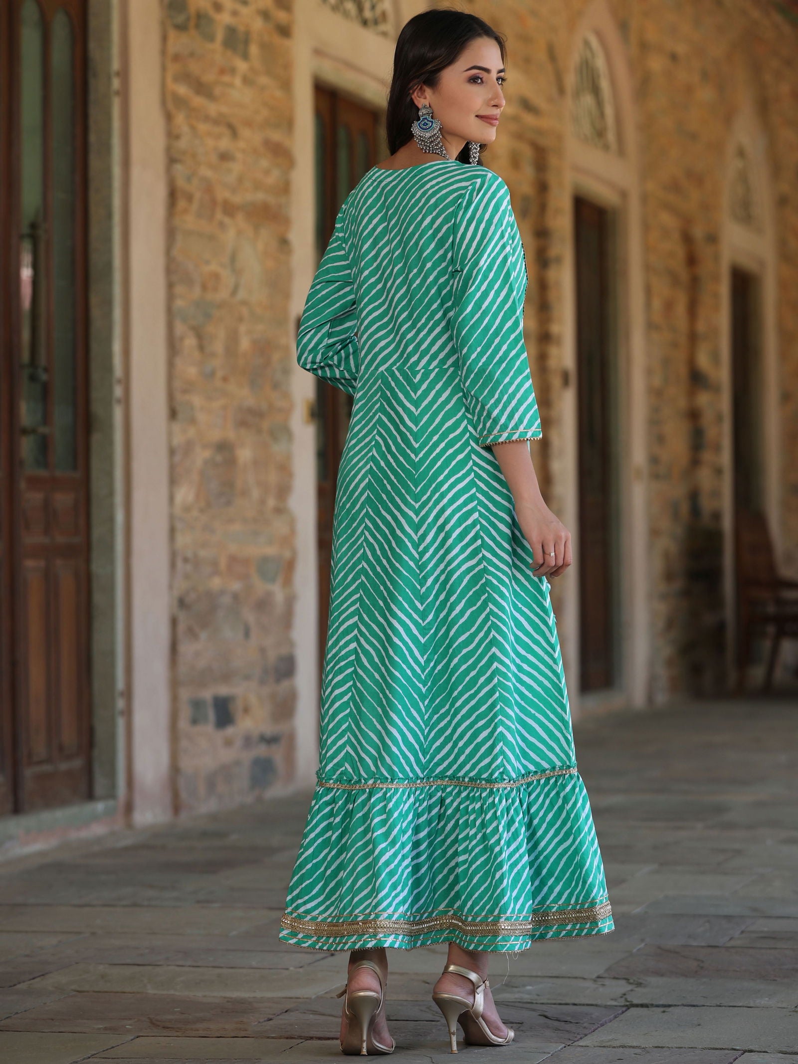 Juniper Green Cotton Leheriya Printed Anarkali Dress With Embroidered Yoke & Dori Tie-Up At Waist