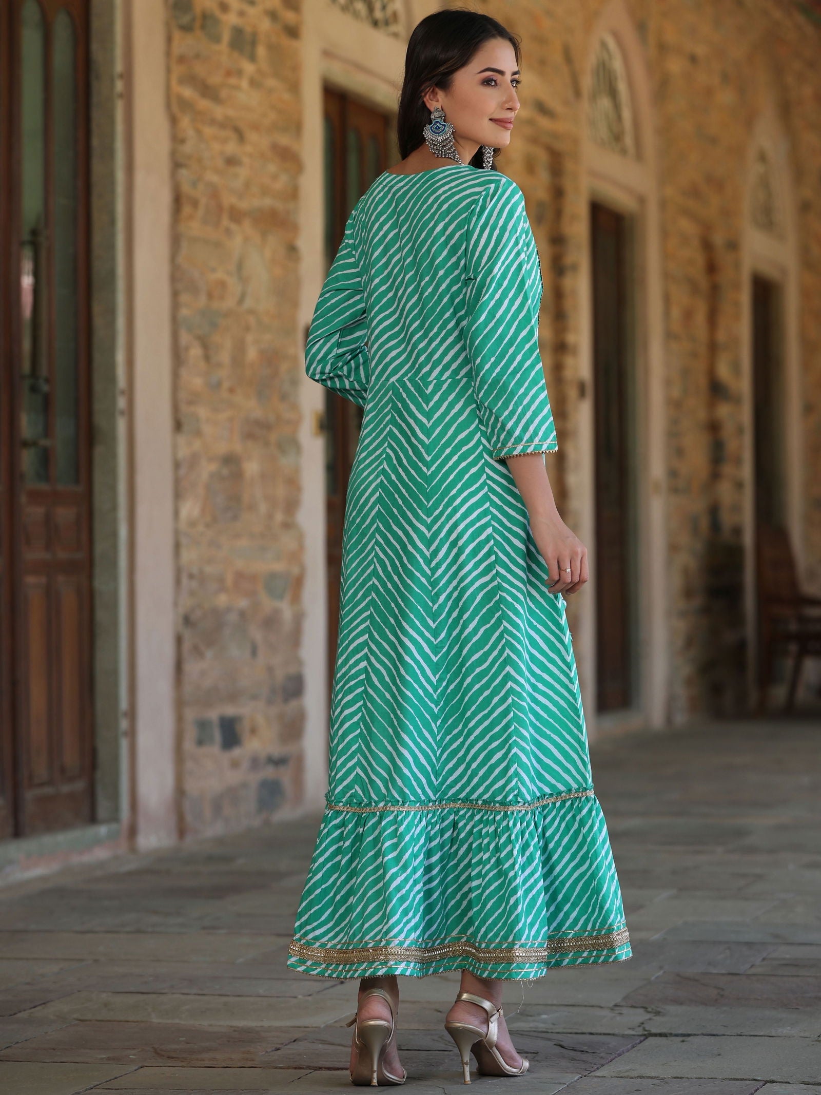 Juniper Green Cotton Leheriya Printed Anarkali Dress With Embroidered Yoke & Dori Tie-Up At Waist