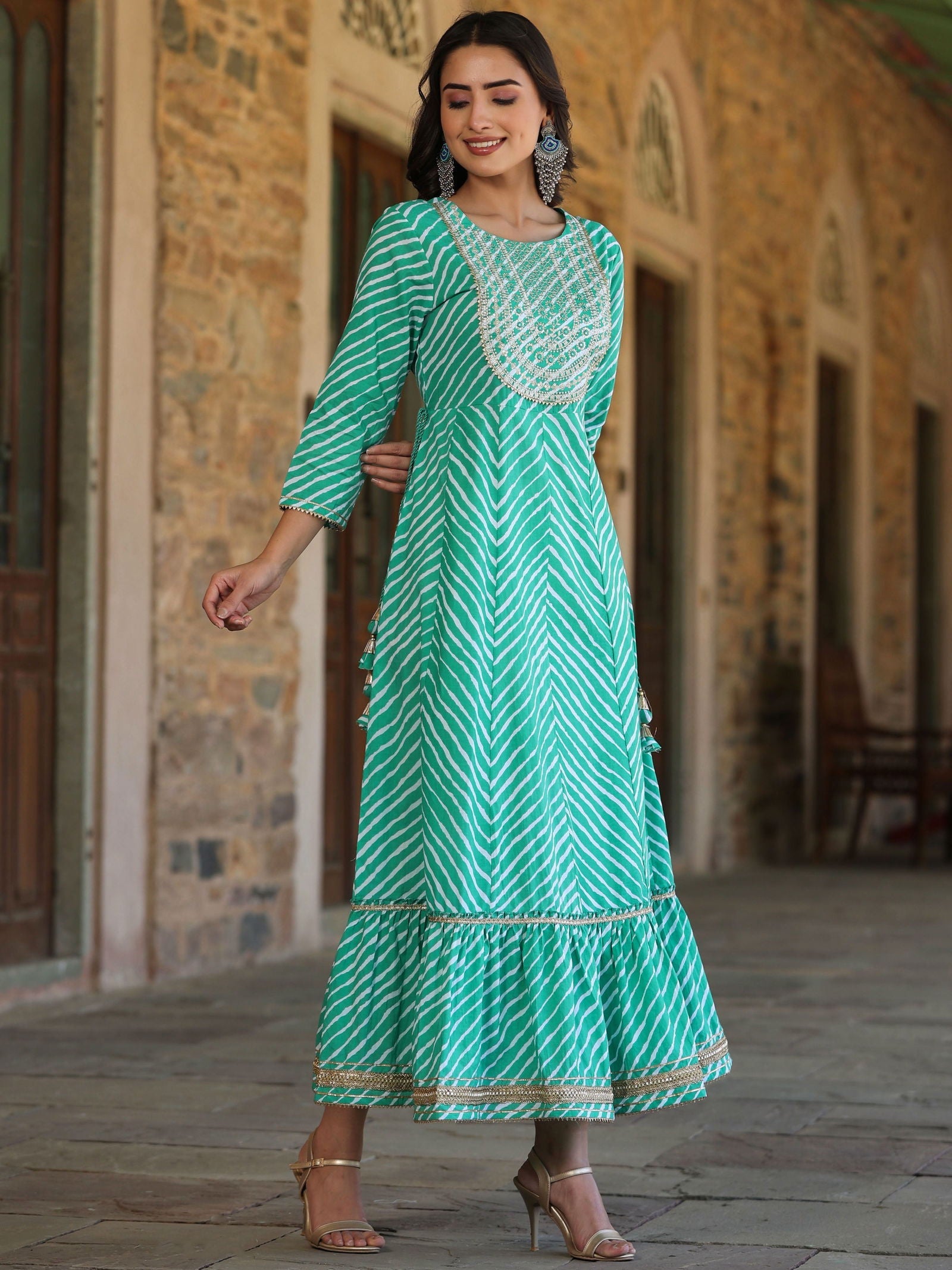 Juniper Green Cotton Leheriya Printed Anarkali Dress With Embroidered Yoke & Dori Tie-Up At Waist