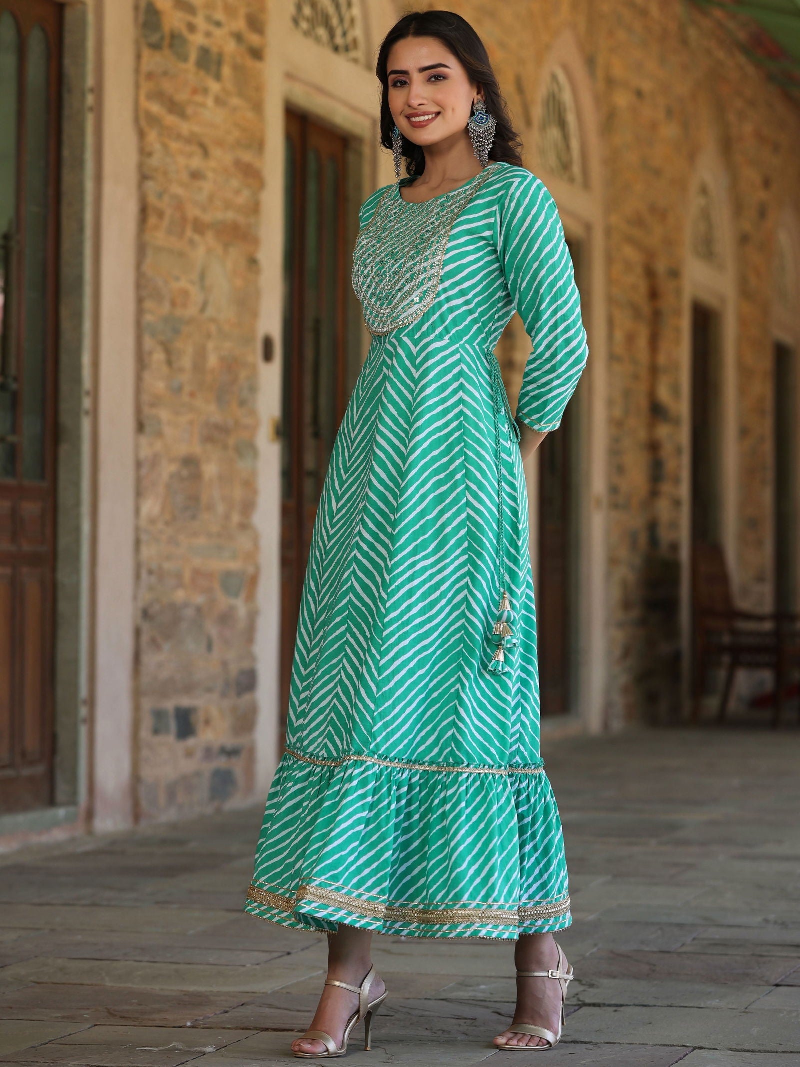 Juniper Green Cotton Leheriya Printed Anarkali Dress With Embroidered Yoke & Dori Tie-Up At Waist