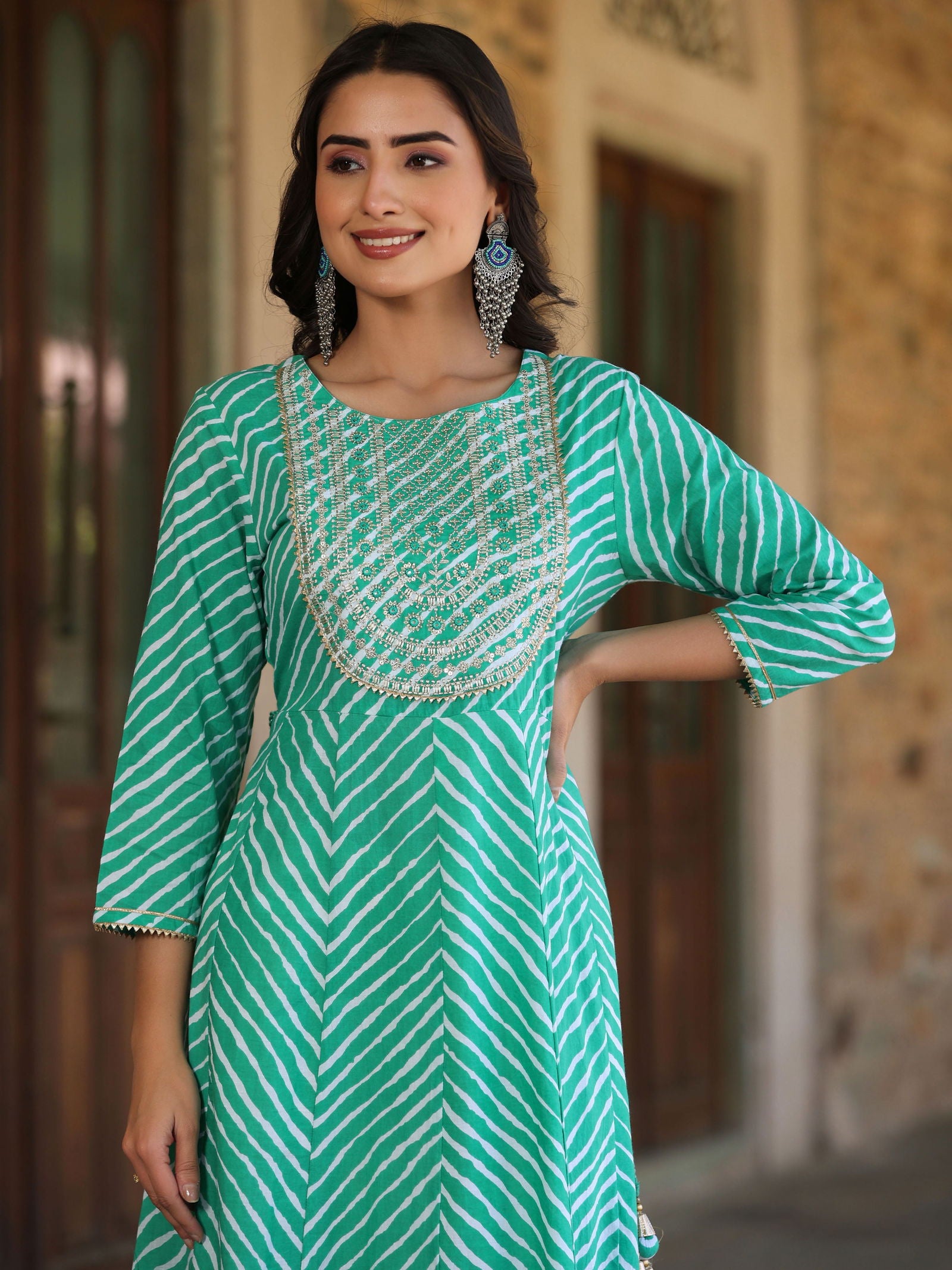 Juniper Green Cotton Leheriya Printed Anarkali Dress With Embroidered Yoke & Dori Tie-Up At Waist