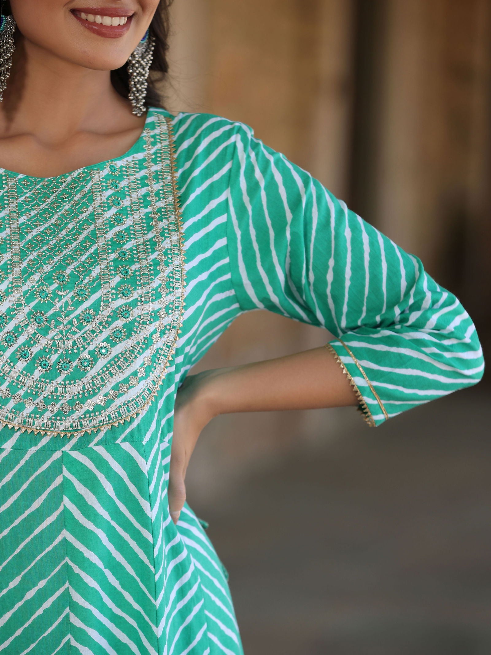 Juniper Green Cotton Leheriya Printed Anarkali Dress With Embroidered Yoke & Dori Tie-Up At Waist