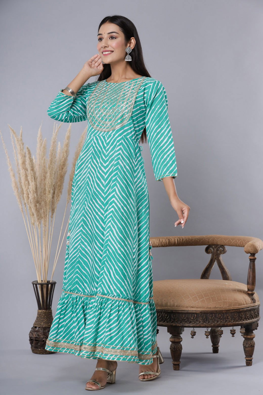 Juniper Green Cotton Leheriya Printed Anarkali Dress with Embroidered Yoke