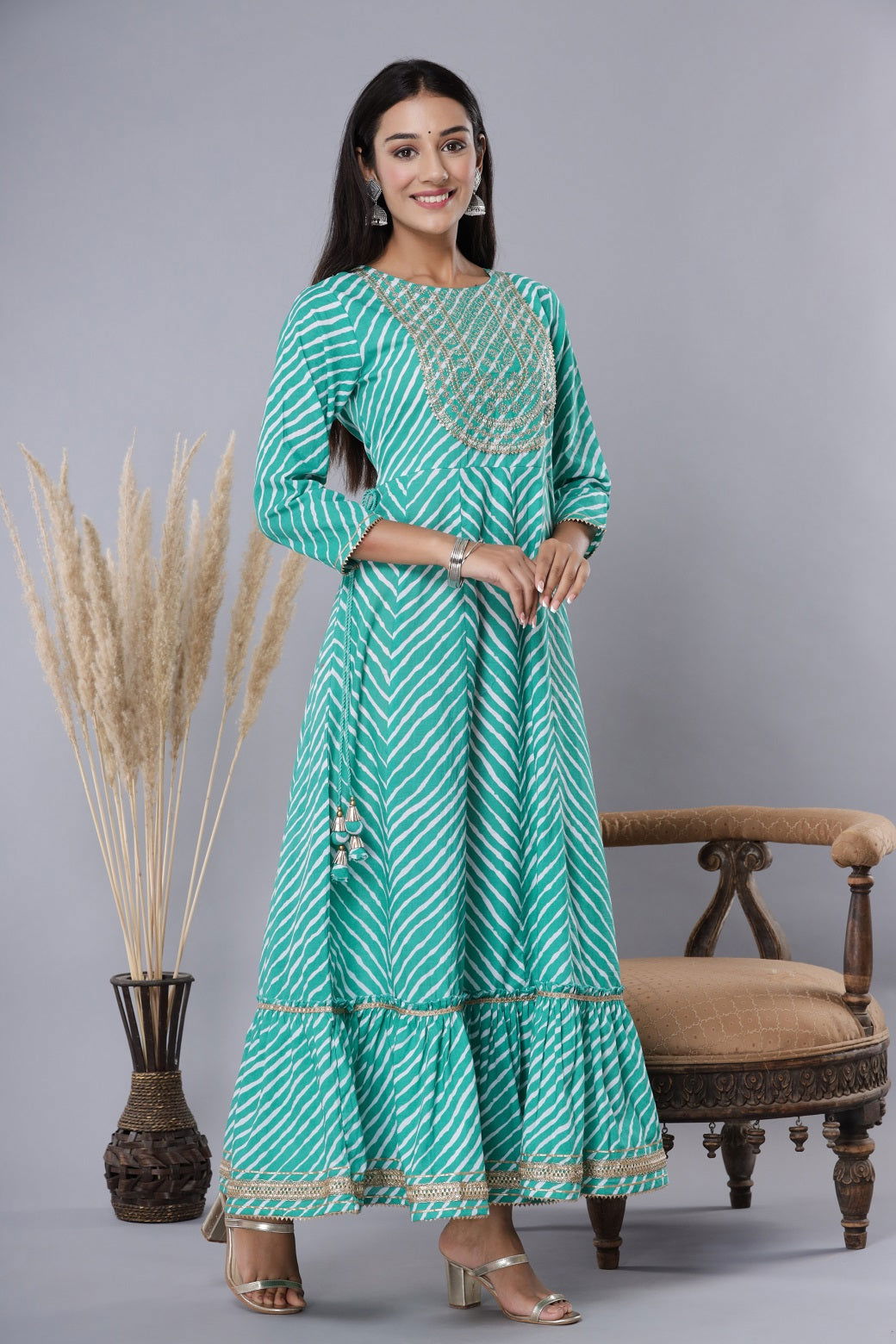 Juniper Green Cotton Leheriya Printed Anarkali Dress with Embroidered Yoke
