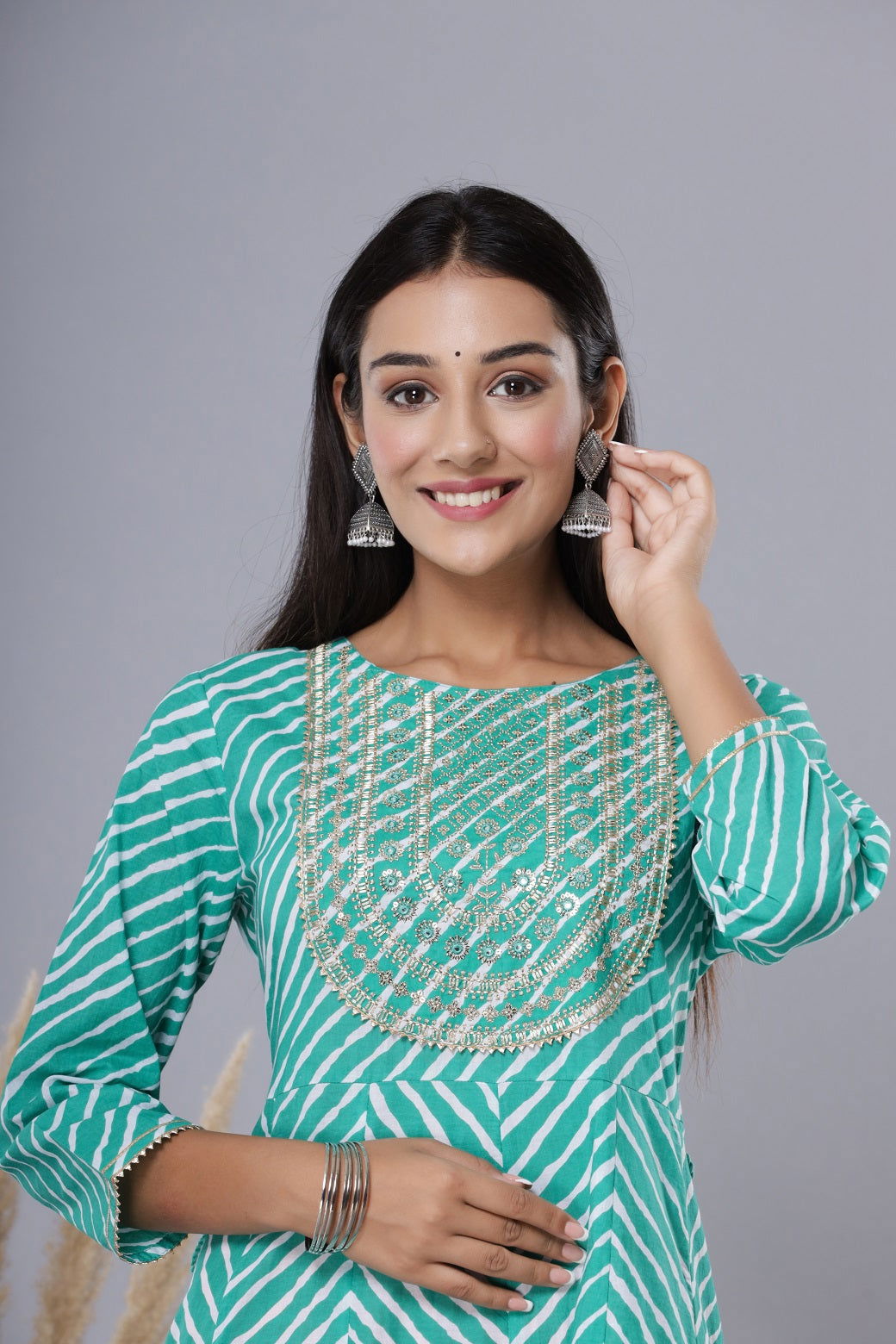 Juniper Green Cotton Leheriya Printed Anarkali Dress with Embroidered Yoke