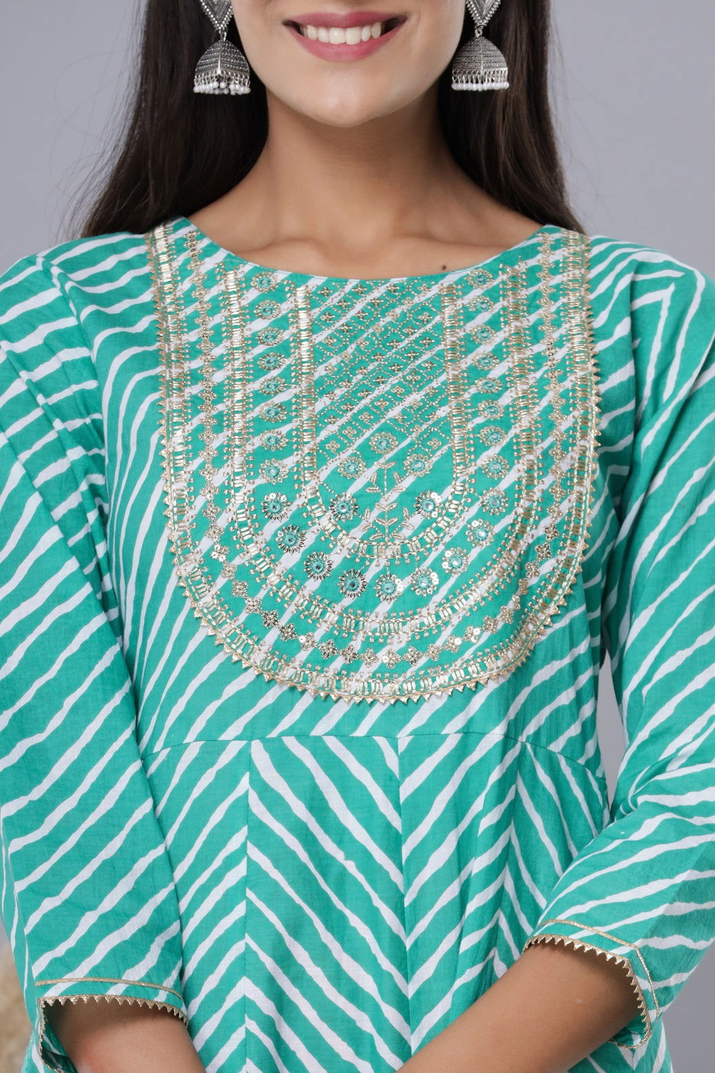 Juniper Green Cotton Leheriya Printed Anarkali Dress with Embroidered Yoke