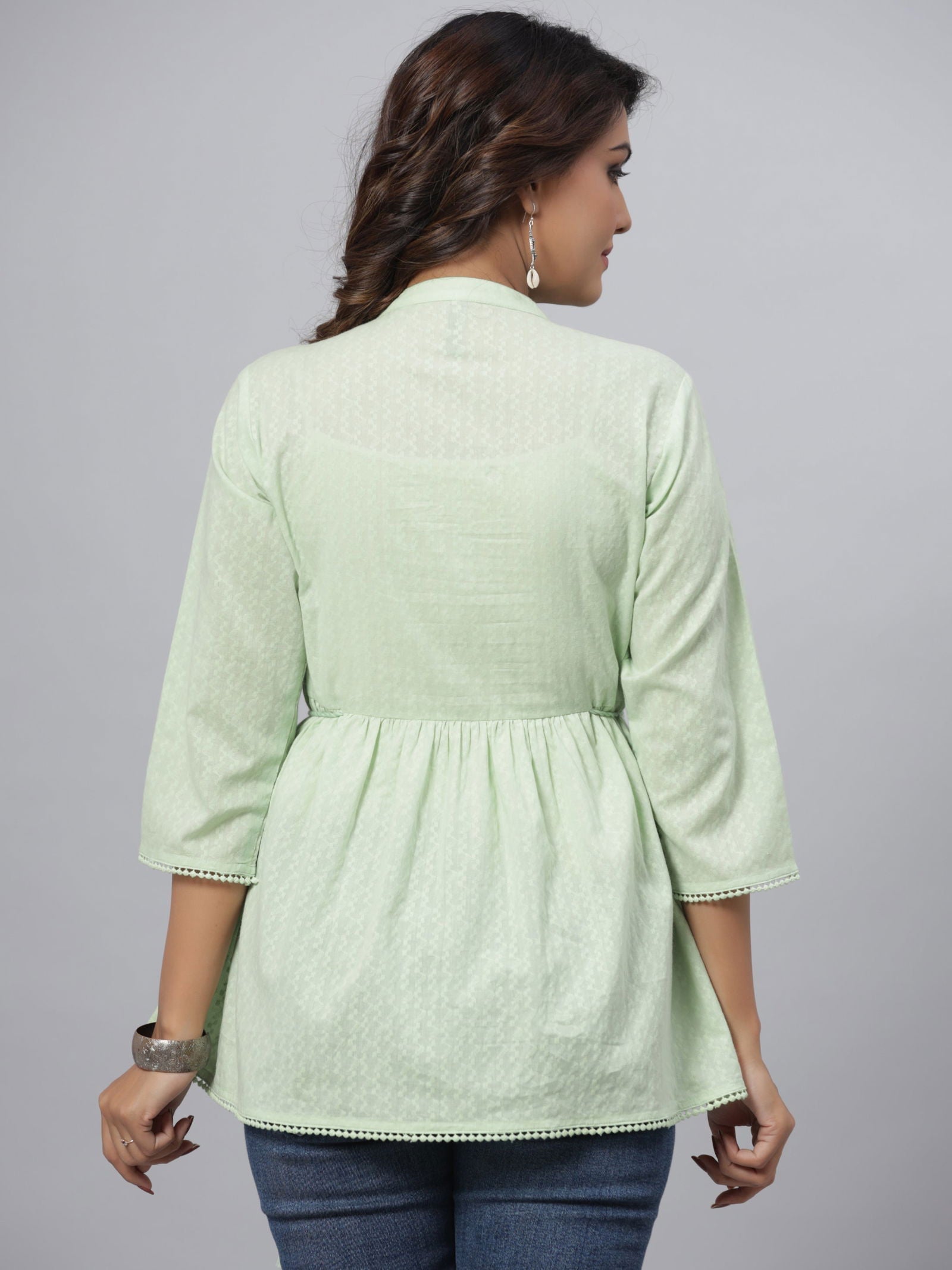 Juniper Green Ethnic Motif Printed Cotton Dobby Tunic With Mirror Work Embroidery