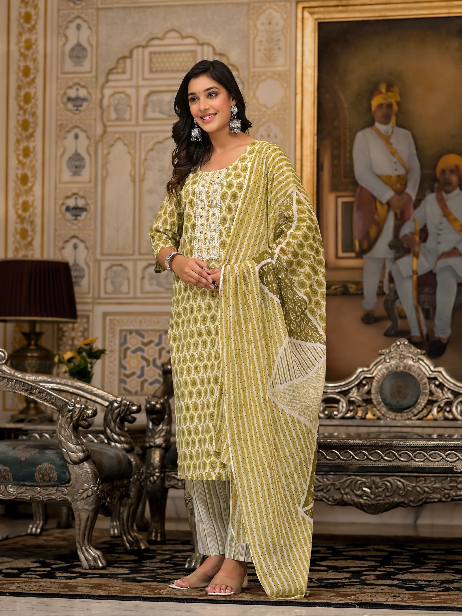 Juniper Green Ethnic Motif Printed Cotton Kurta, Pant And Dupatta Set With Thread & Mirror Work