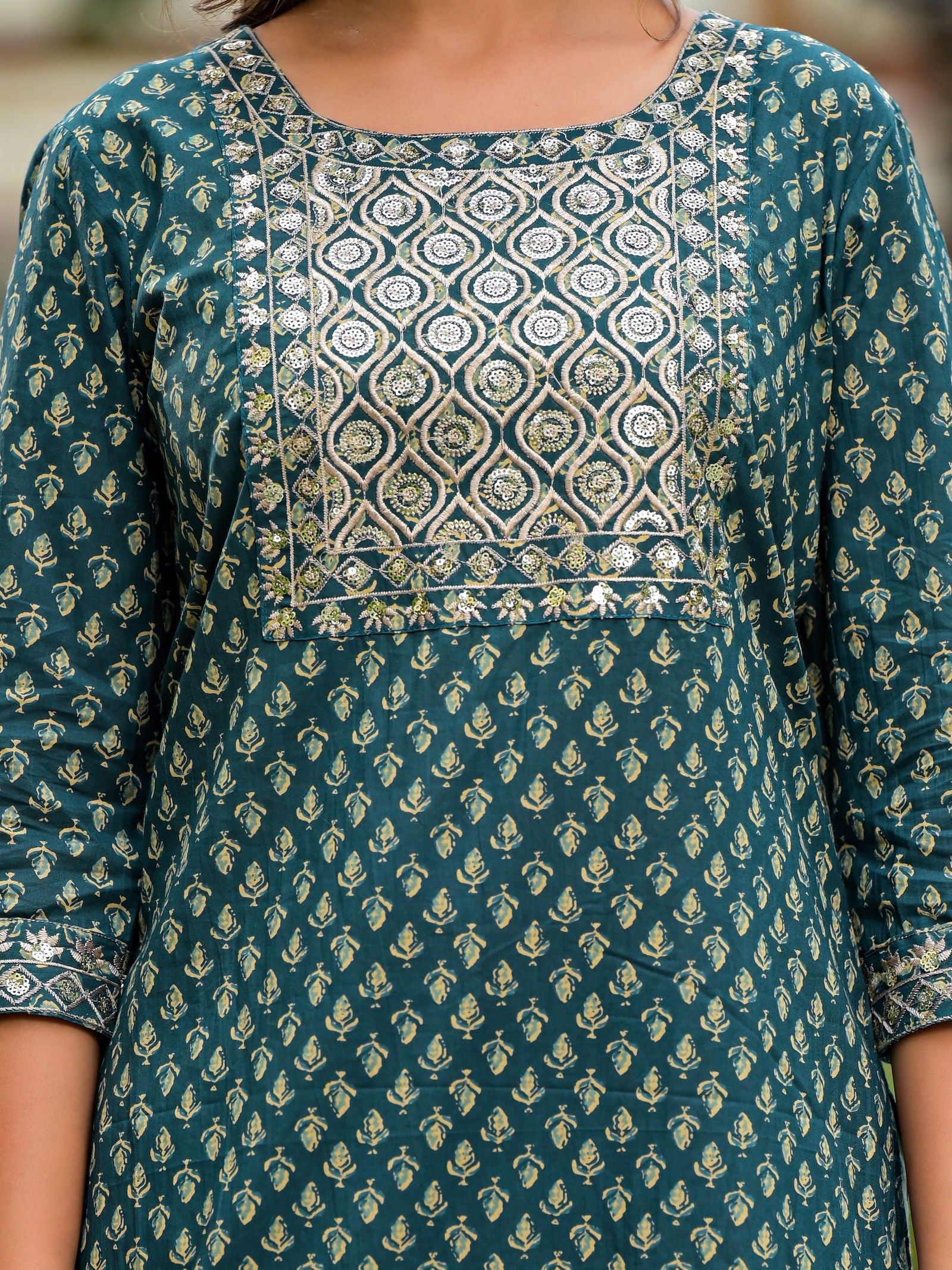 Juniper Green Ethnic Motif Printed Cotton Kurta, Pant And Dupatta Set With Zari Work & Sequins
