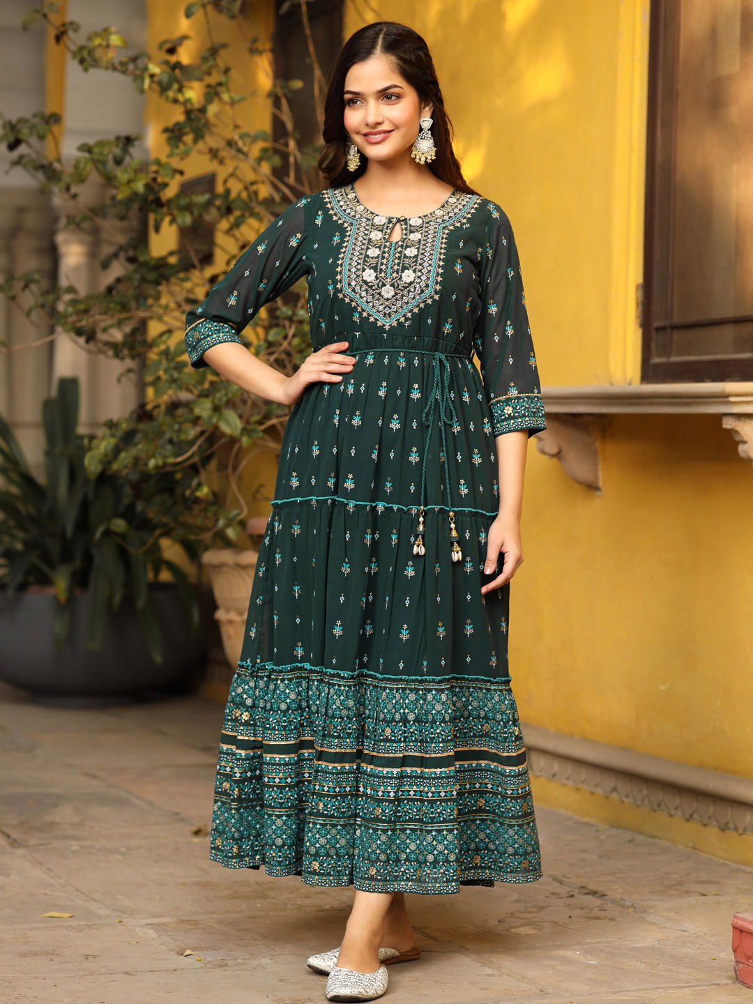 Juniper Green Ethnic Motif Printed Georgette Maxi Dress & Dori With Thread Work