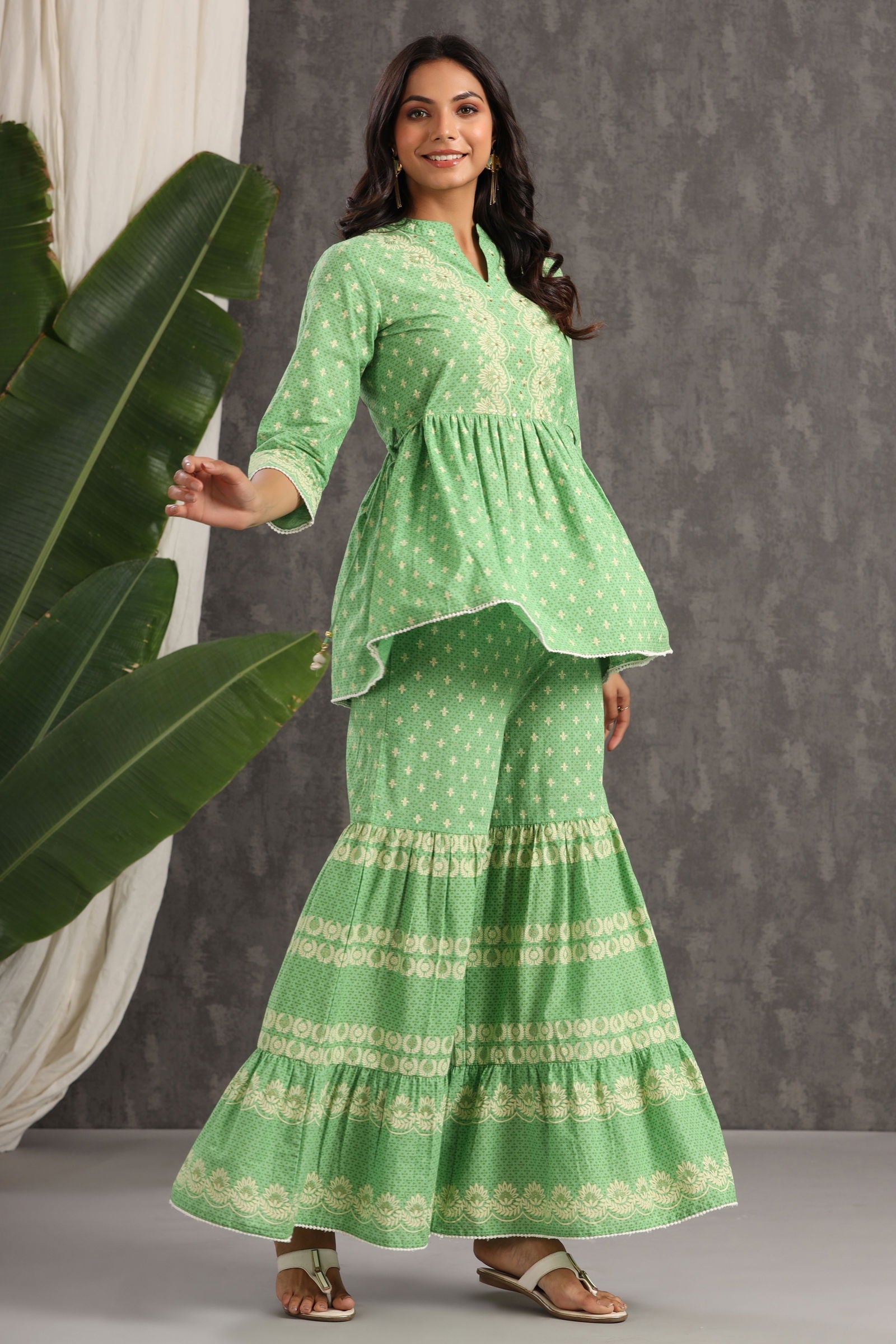 Juniper Green Ethnic Motif Printed Pure Cotton Tunic & Sharara With Sequins & Lace Detail