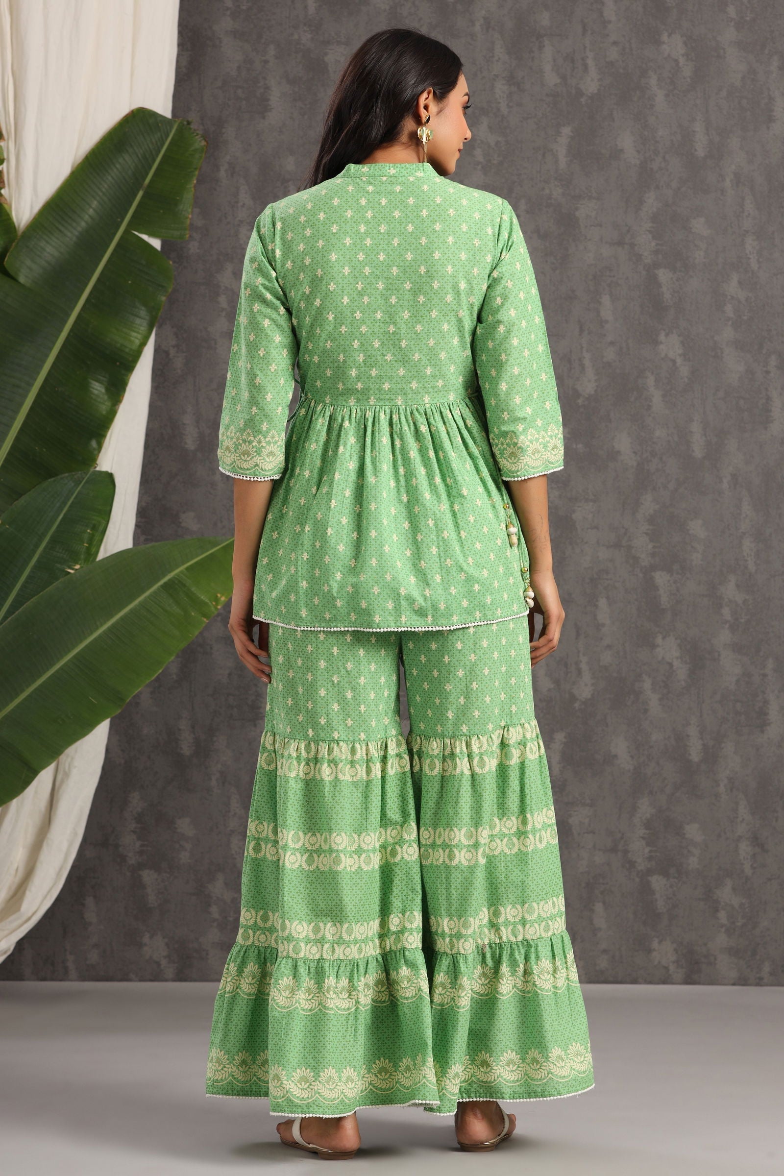 Juniper Green Ethnic Motif Printed Pure Cotton Tunic & Sharara With Sequins & Lace Detail