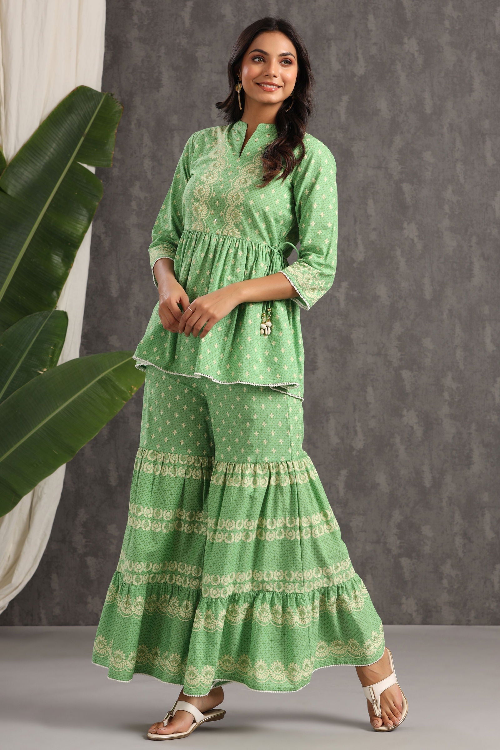 Juniper Green Ethnic Motif Printed Pure Cotton Tunic & Sharara With Sequins & Lace Detail