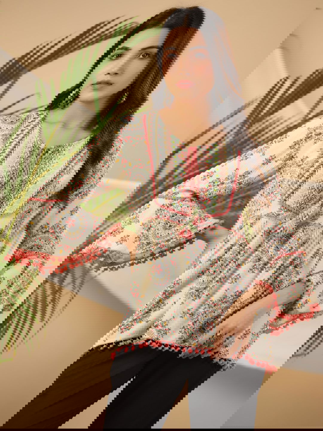 Juniper Green Ethnic Motif Printed Rayon Crepe Tunic With Beads Work