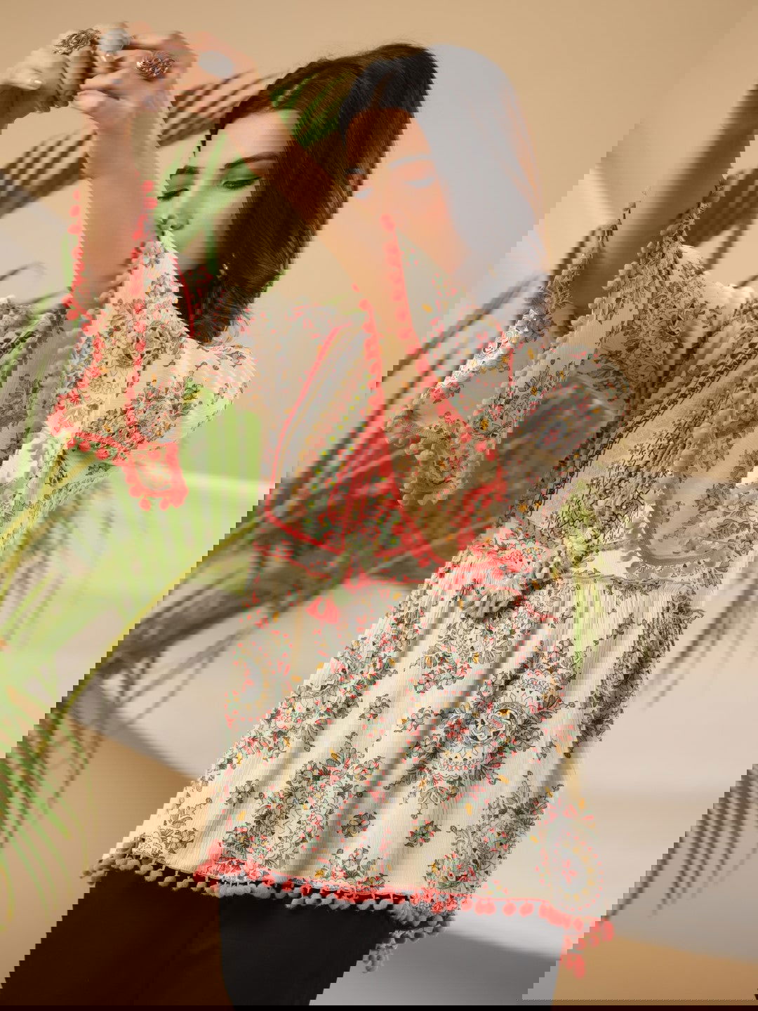 Juniper Green Ethnic Motif Printed Rayon Crepe Tunic With Beads Work