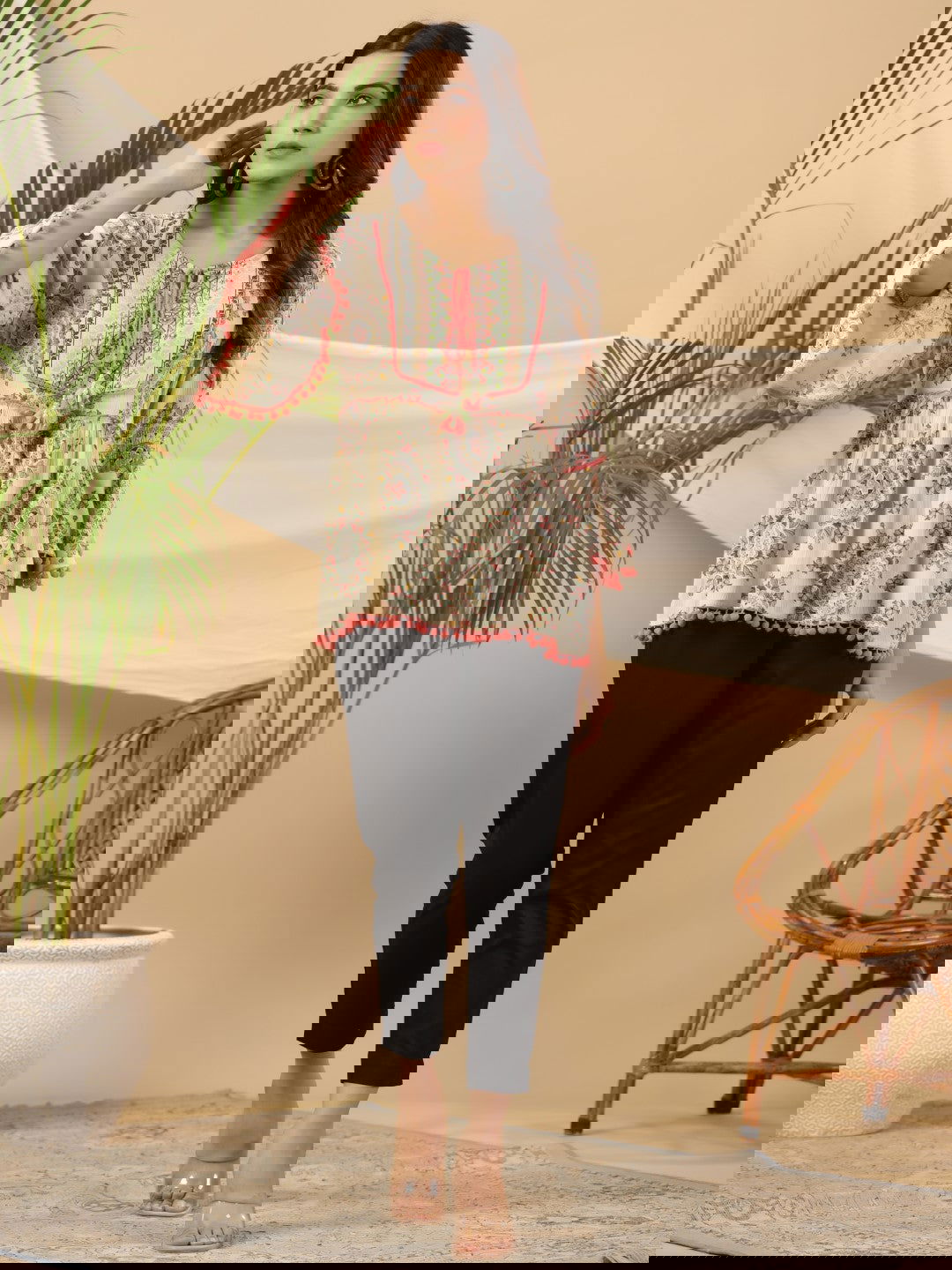 Juniper Green Ethnic Motif Printed Rayon Crepe Tunic With Beads Work