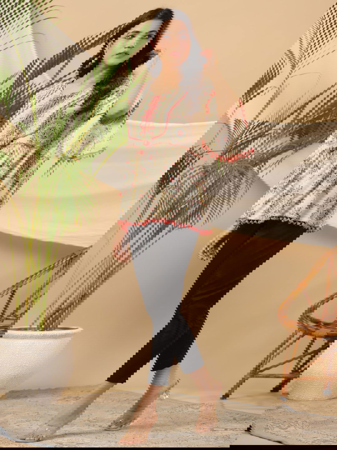 Juniper Green Ethnic Motif Printed Rayon Crepe Tunic With Beads Work