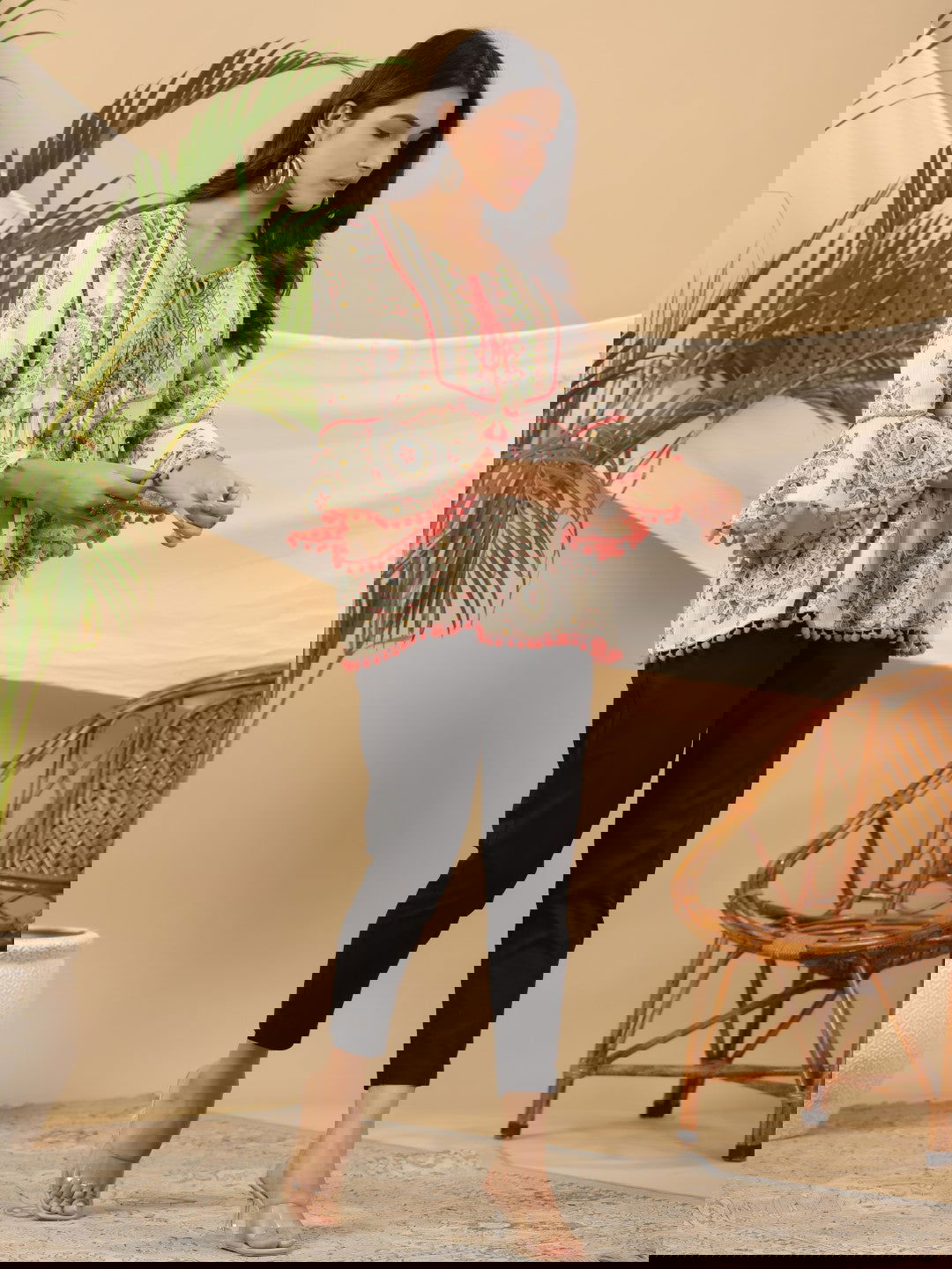 Juniper Green Ethnic Motif Printed Rayon Crepe Tunic With Beads Work