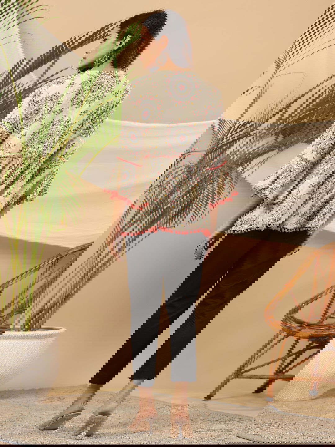 Juniper Green Ethnic Motif Printed Rayon Crepe Tunic With Beads Work