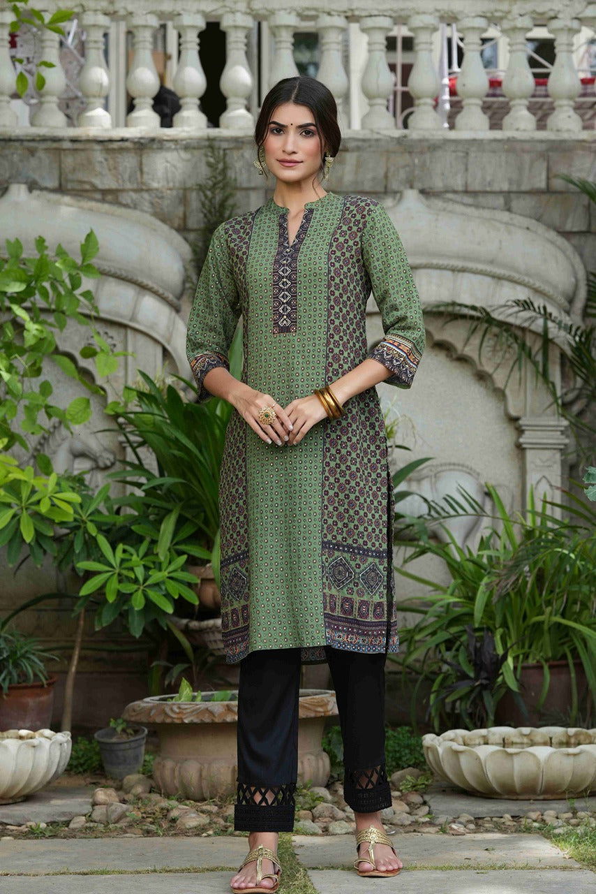 Juniper Green Ethnic Motif Printed Rayon calf length Kurta with Beads & Gota Work