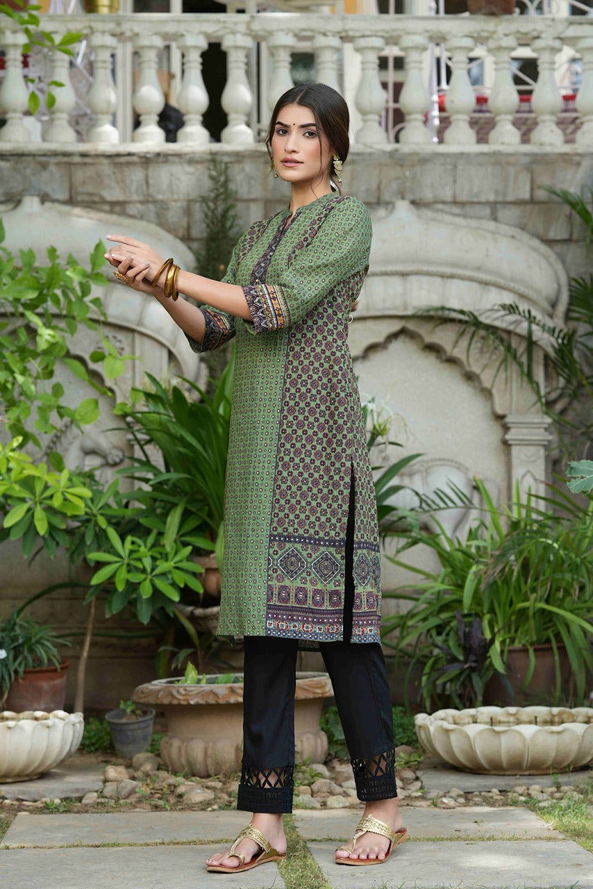 Juniper Green Ethnic Motif Printed Rayon calf length Kurta with Beads & Gota Work