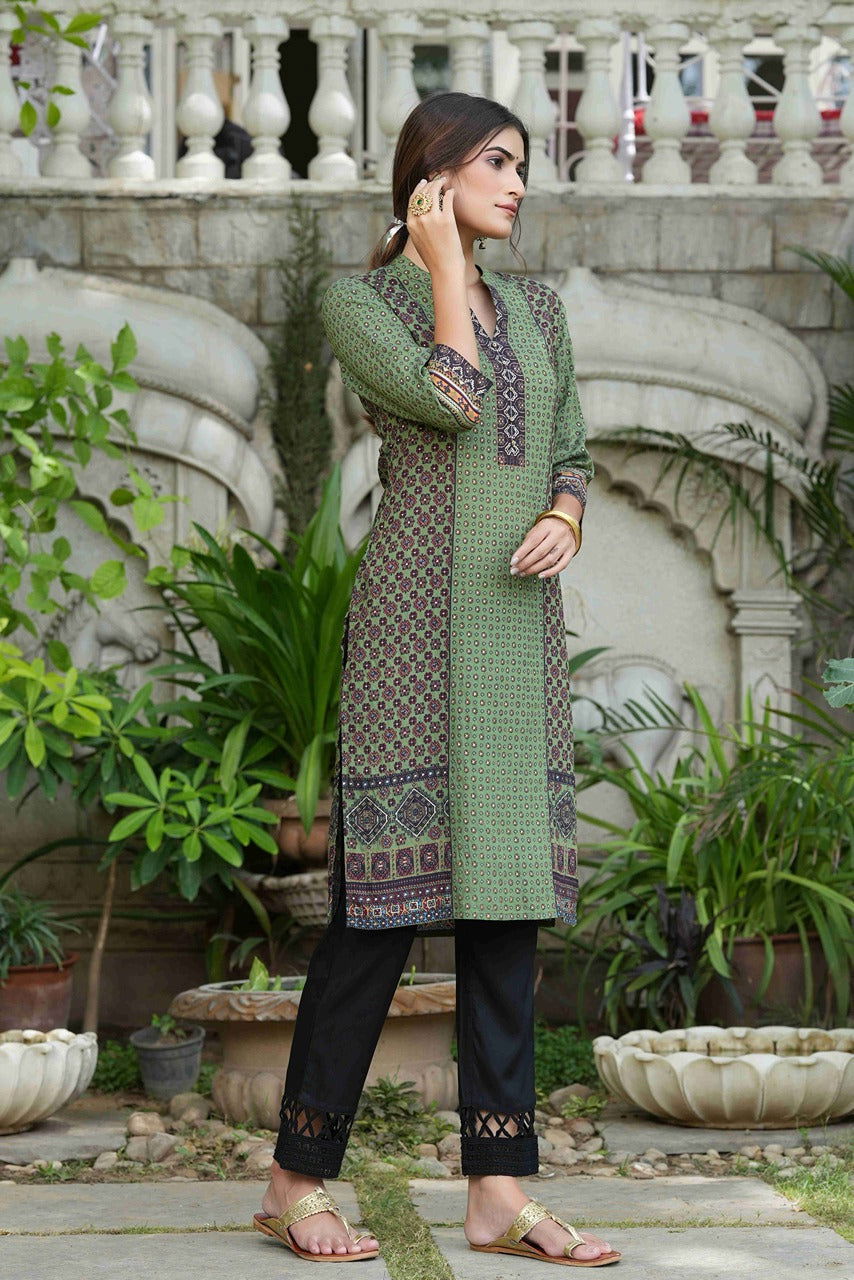 Juniper Green Ethnic Motif Printed Rayon calf length Kurta with Beads & Gota Work