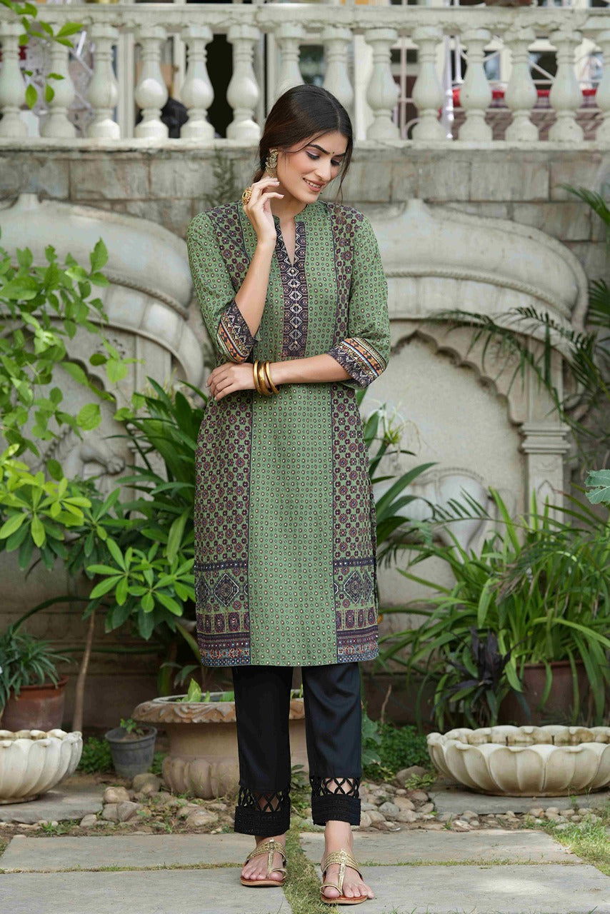 Juniper Green Ethnic Motif Printed Rayon calf length Kurta with Beads & Gota Work