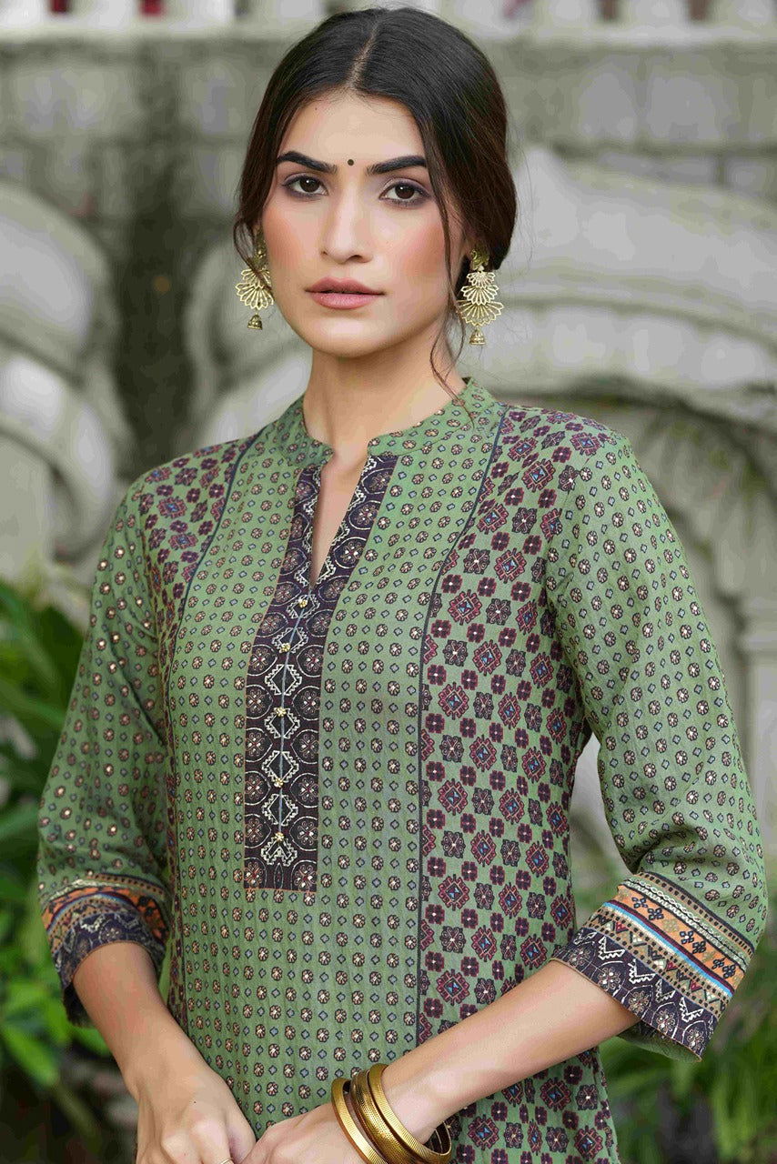 Juniper Green Ethnic Motif Printed Rayon calf length Kurta with Beads & Gota Work