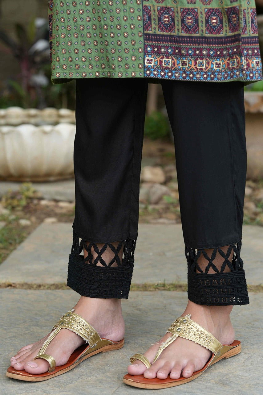 Juniper Green Ethnic Motif Printed Rayon calf length Kurta with Beads & Gota Work