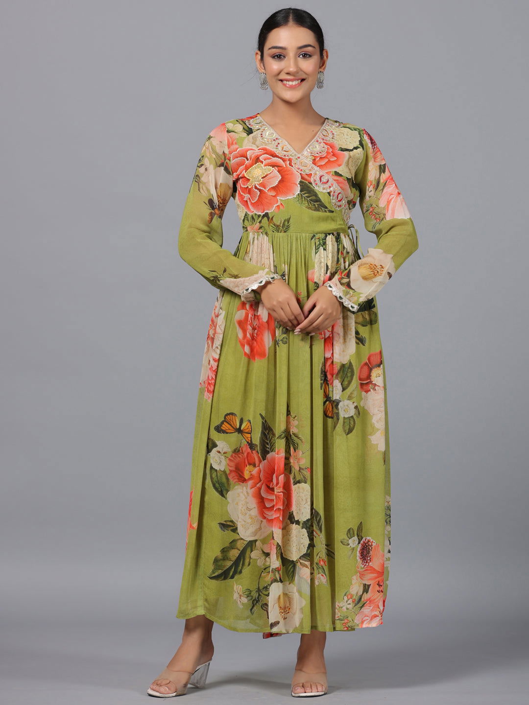 Juniper Green Floral Printed Georgette Lacy Maxi Dress