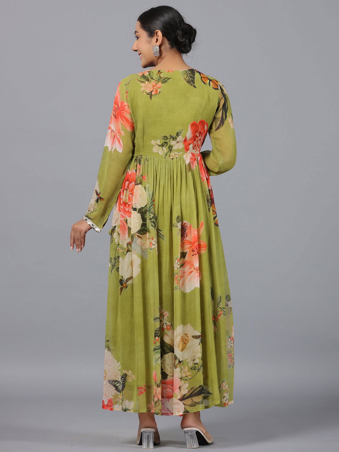 Juniper Green Floral Printed Georgette Lacy Maxi Dress