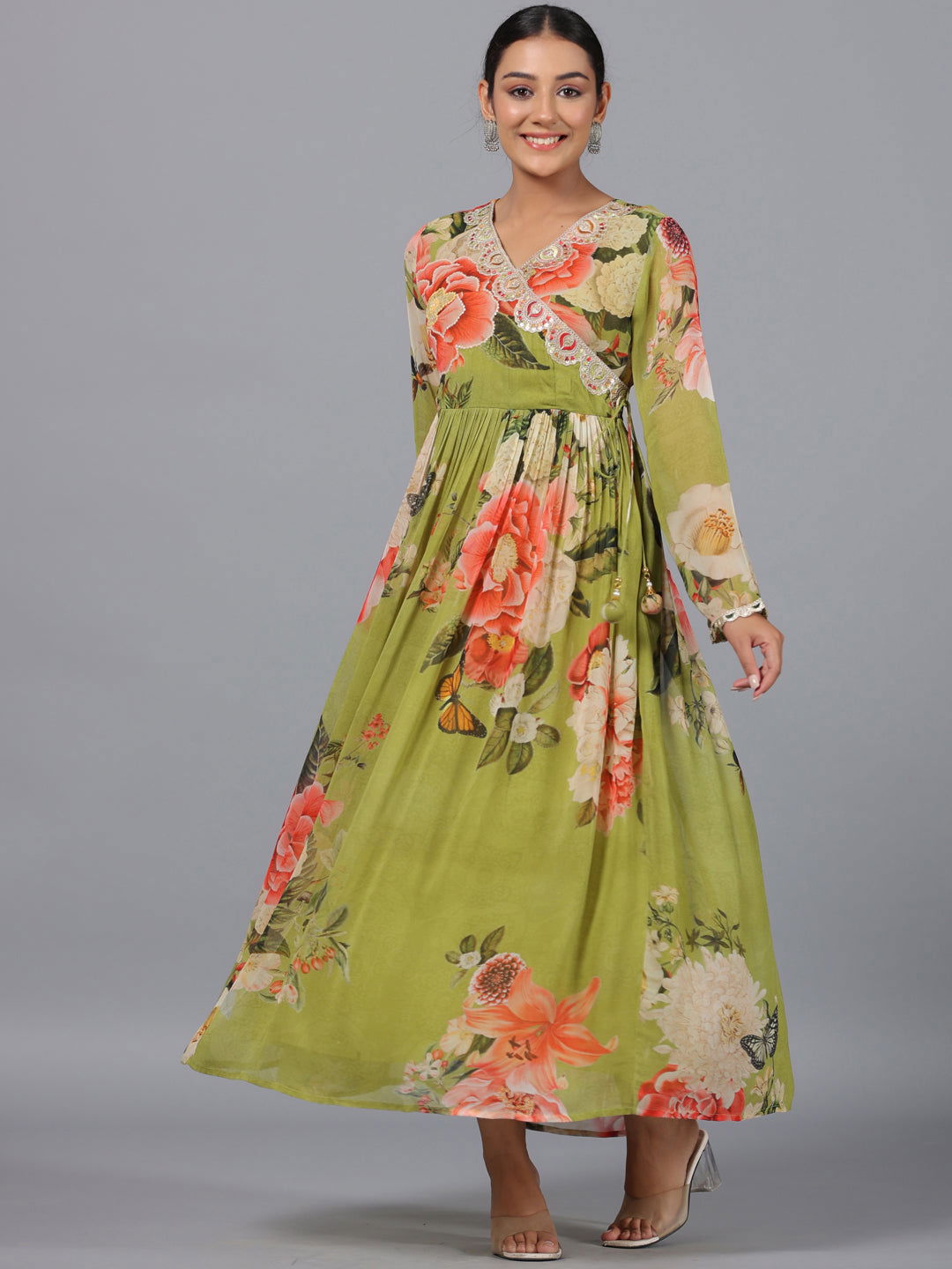 Juniper Green Floral Printed Georgette Lacy Maxi Dress