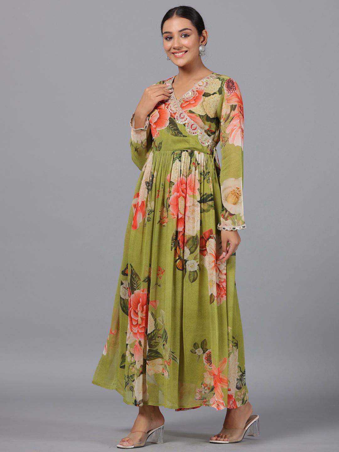 Juniper Green Floral Printed Georgette Lacy Maxi Dress