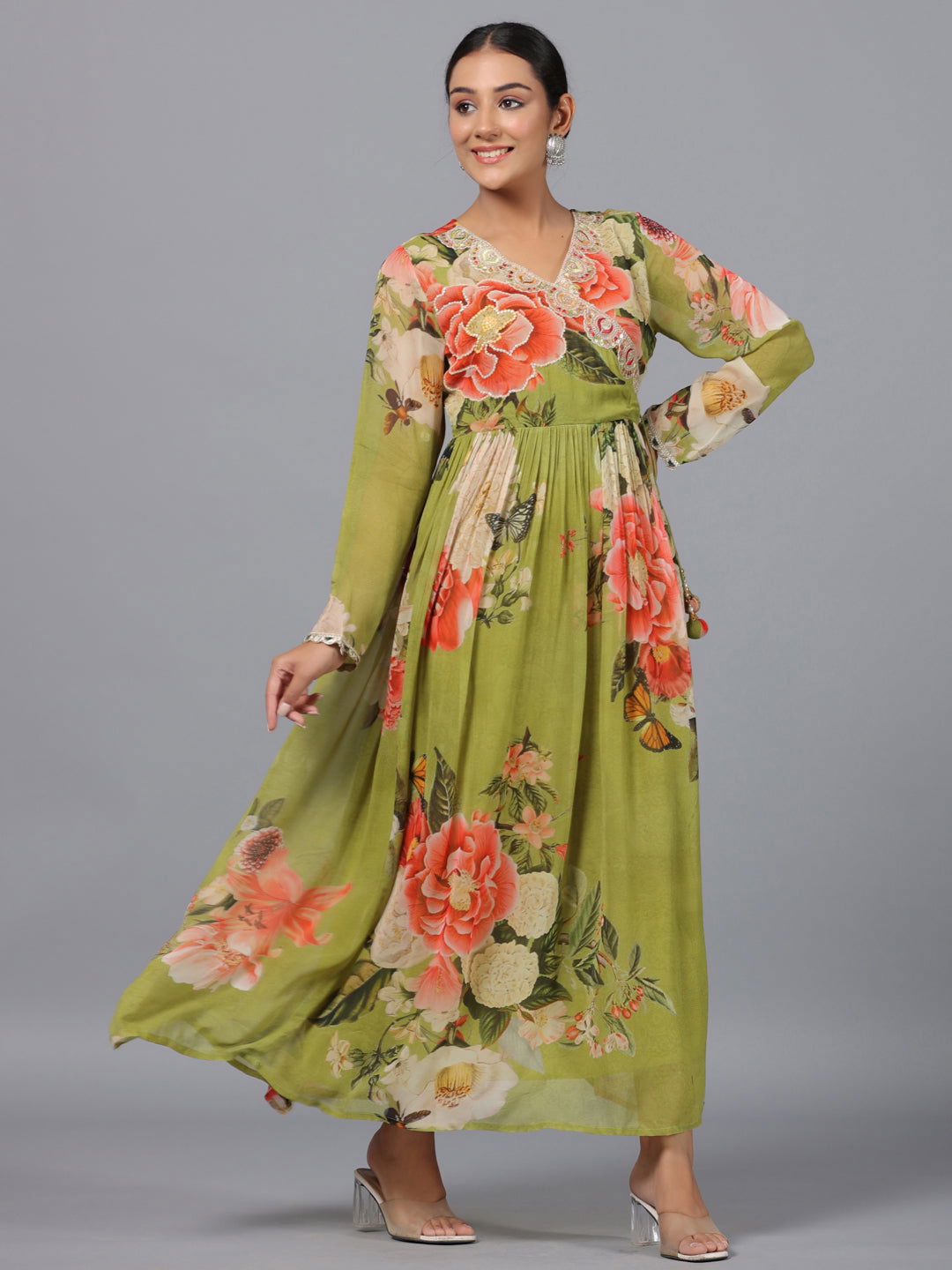 Juniper Green Floral Printed Georgette Lacy Maxi Dress