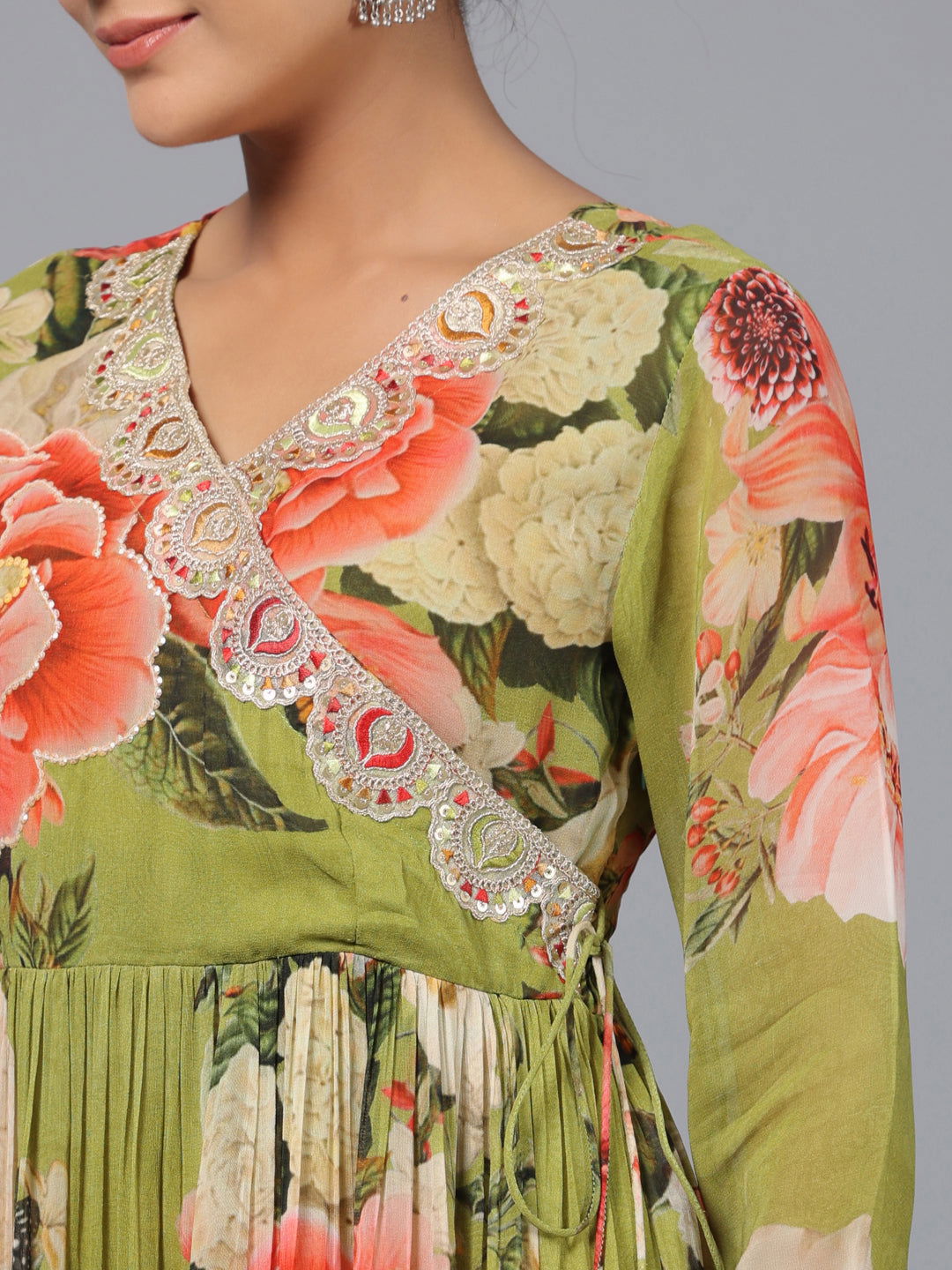 Juniper Green Floral Printed Georgette Lacy Maxi Dress