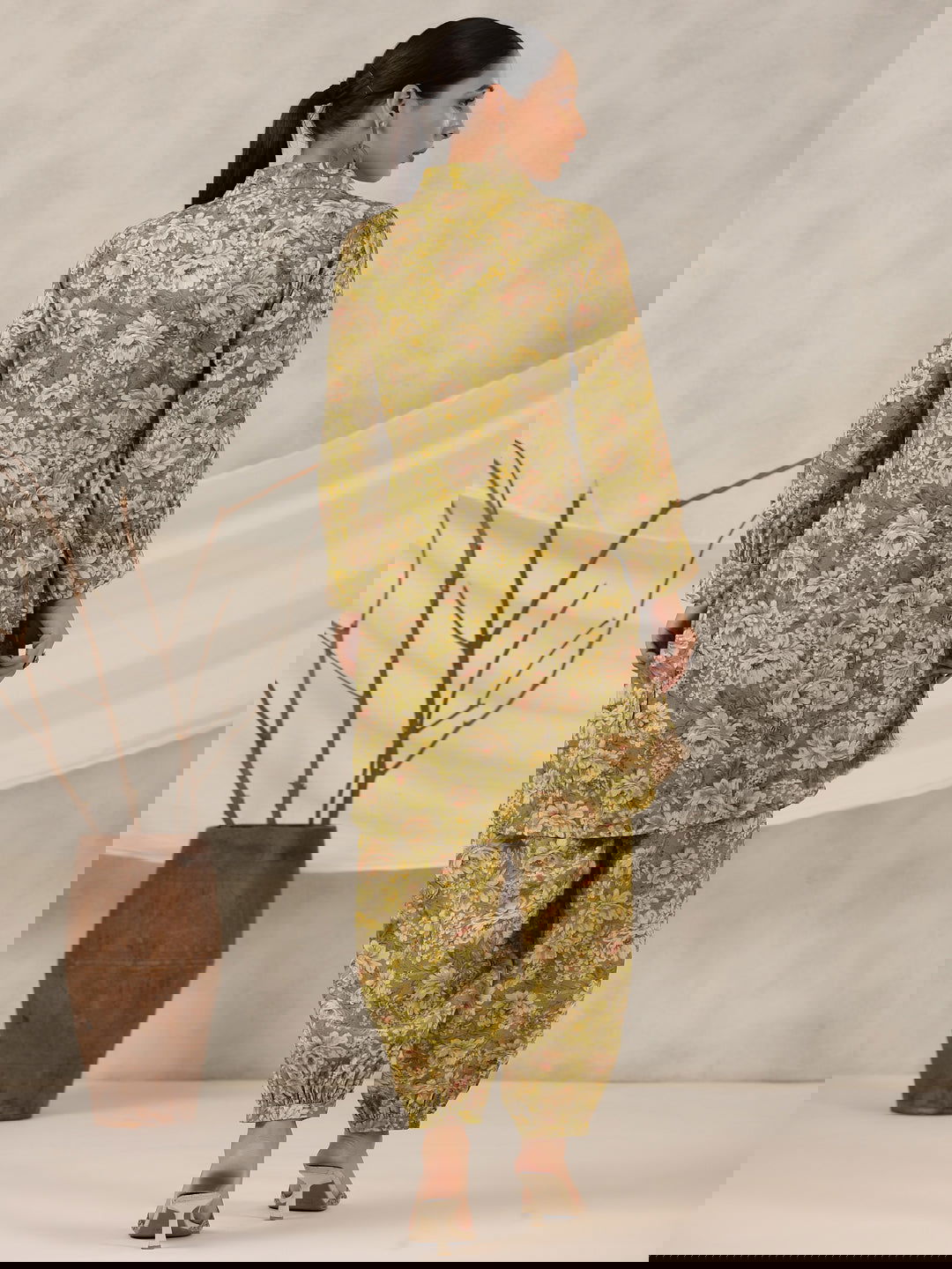 Juniper Green Floral Printed Muslin Printed Tunic & Pants With Mirror Work