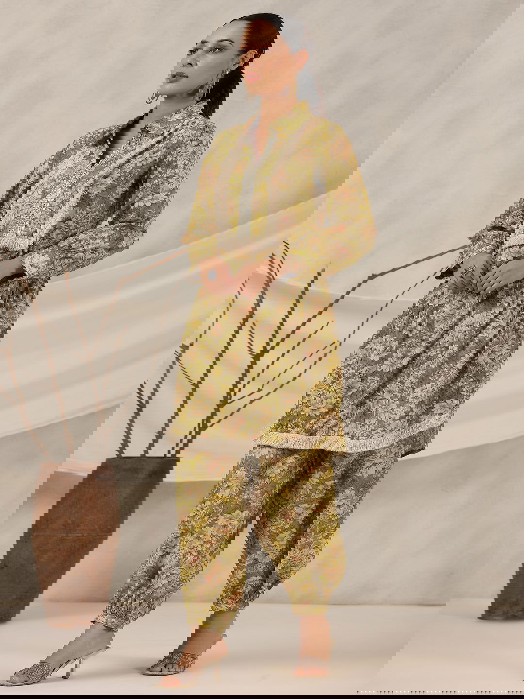 Juniper Green Floral Printed Muslin Printed Tunic & Pants With Mirror Work