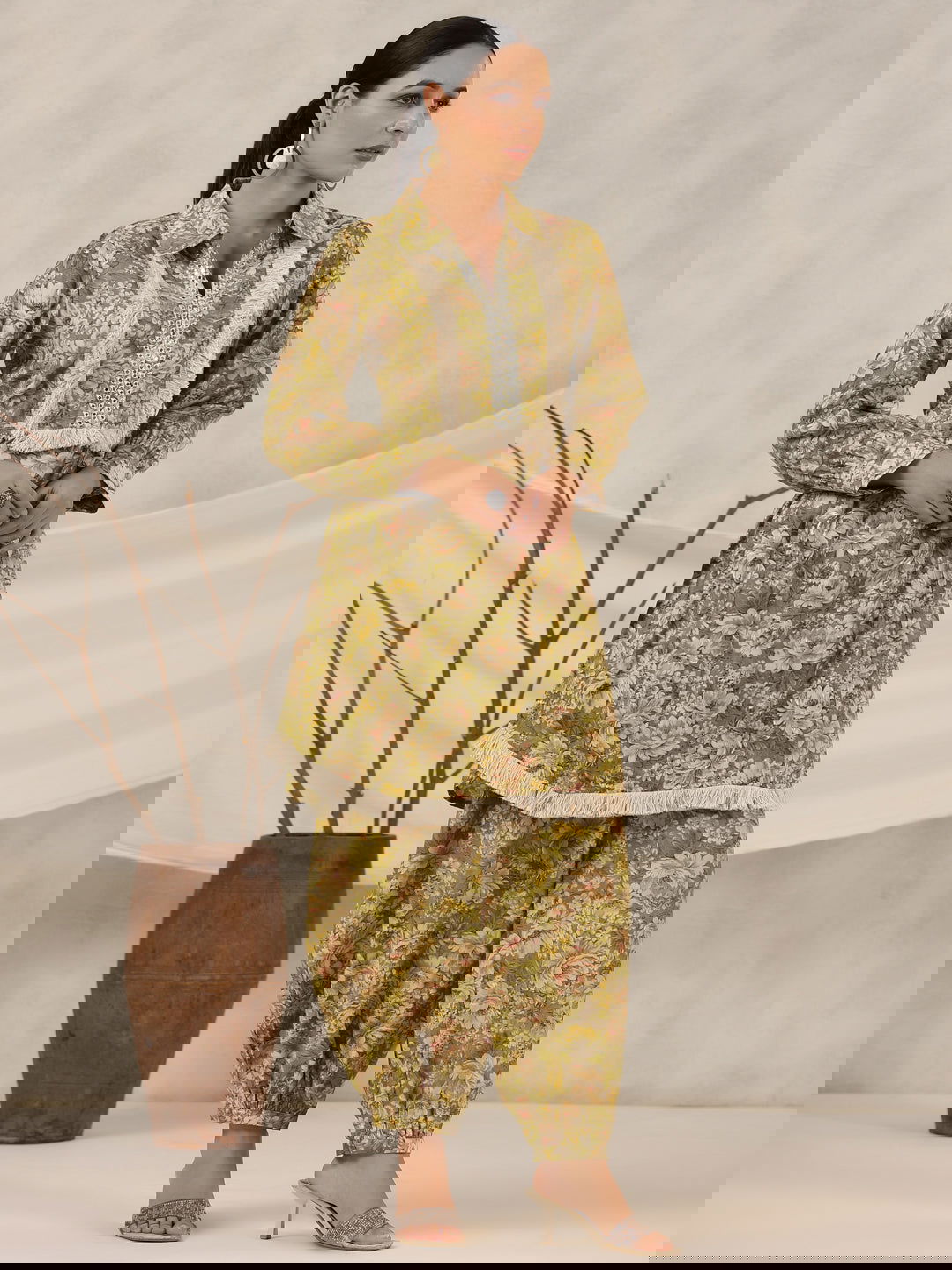 Juniper Green Floral Printed Muslin Printed Tunic & Pants With Mirror Work