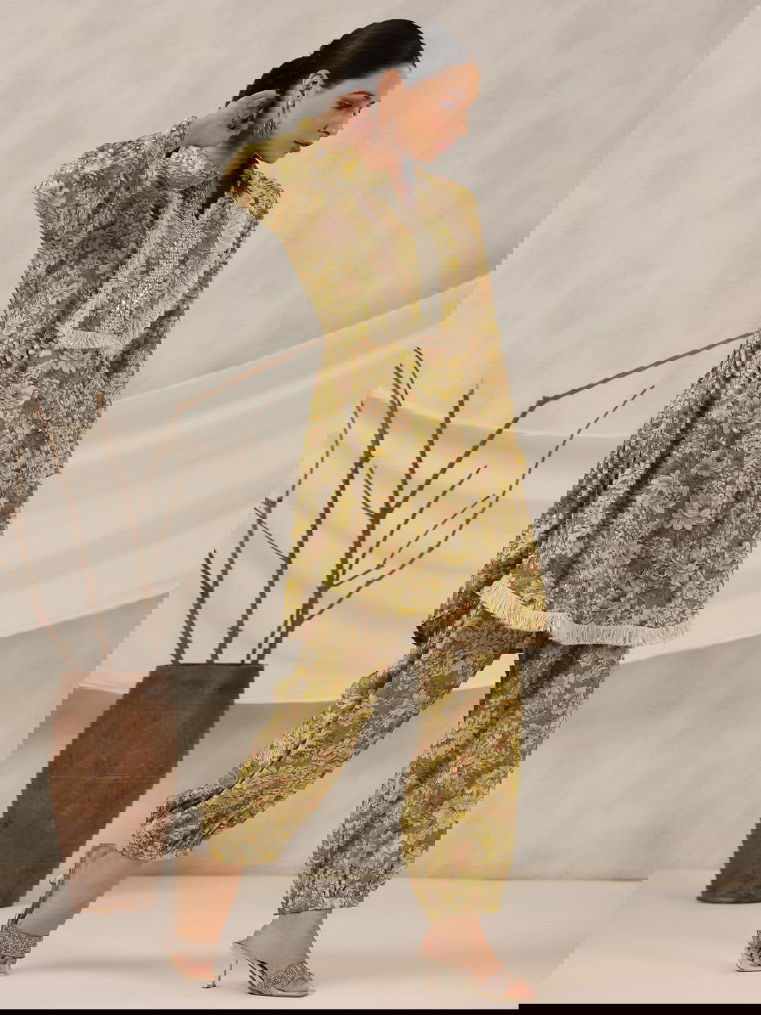 Juniper Green Floral Printed Muslin Printed Tunic & Pants With Mirror Work