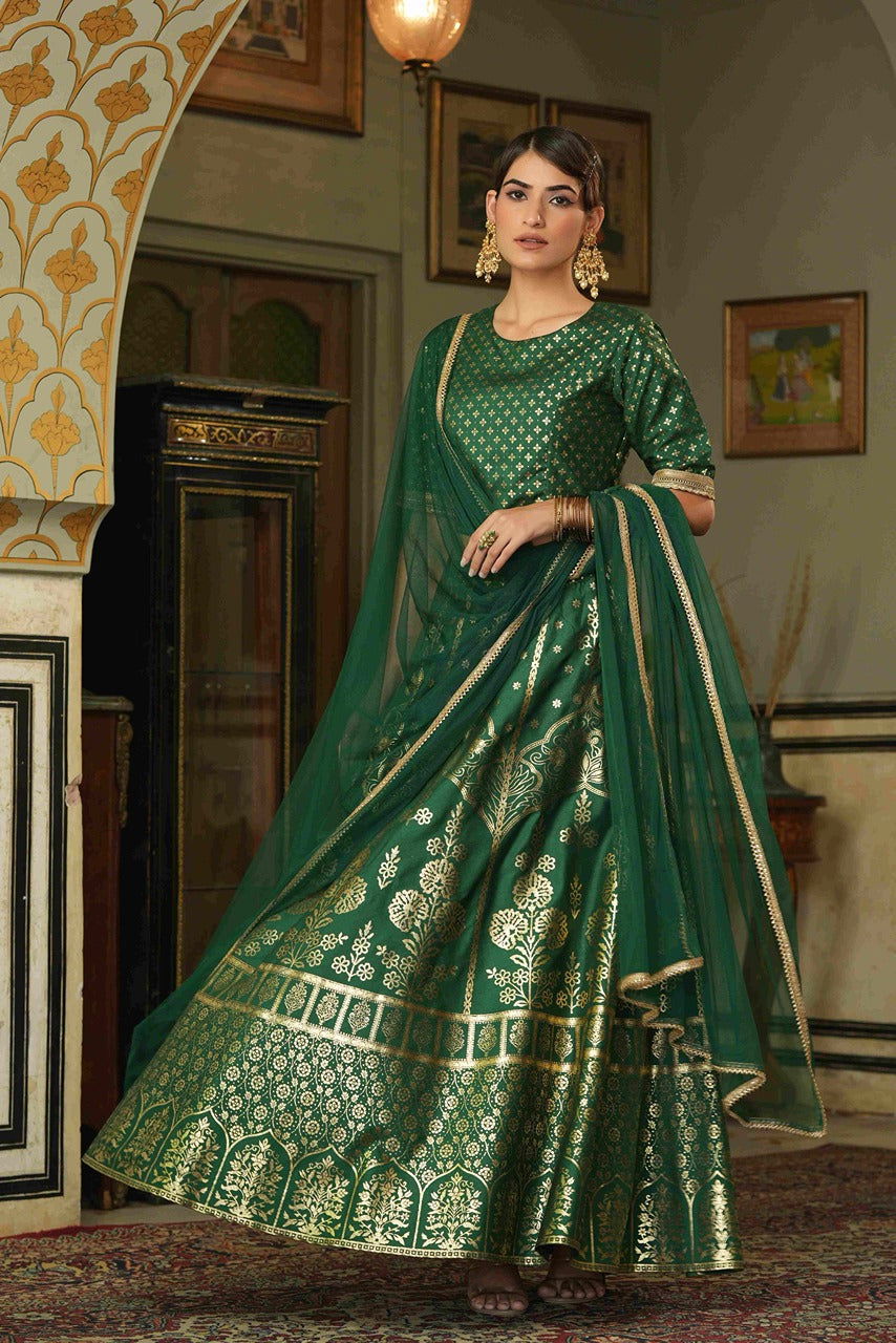 Juniper Green & Gold Ethnic Motif Printed Shantoon Slub Lehenga Choli & Net Dupatta Set.