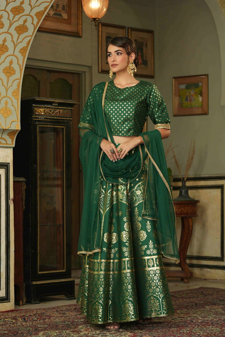 Juniper Green & Gold Ethnic Motif Printed Shantoon Slub Lehenga Choli & Net Dupatta Set.