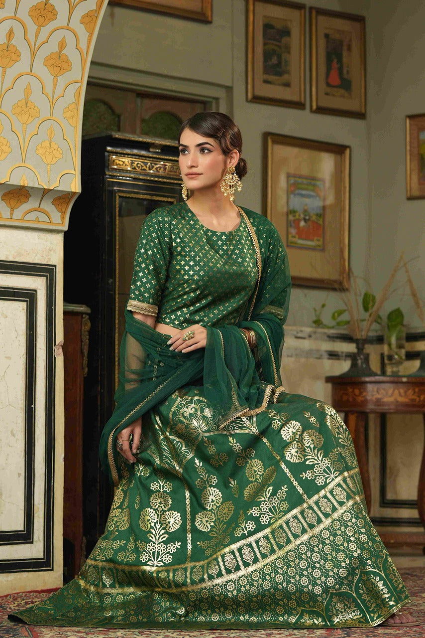 Juniper Green & Gold Ethnic Motif Printed Shantoon Slub Lehenga Choli & Net Dupatta Set.