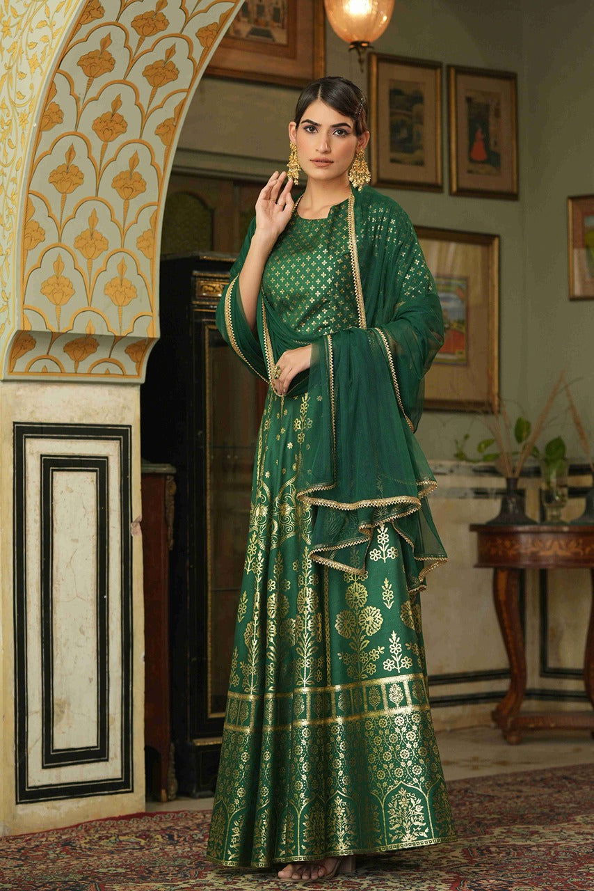 Juniper Green & Gold Ethnic Motif Printed Shantoon Slub Lehenga Choli & Net Dupatta Set.