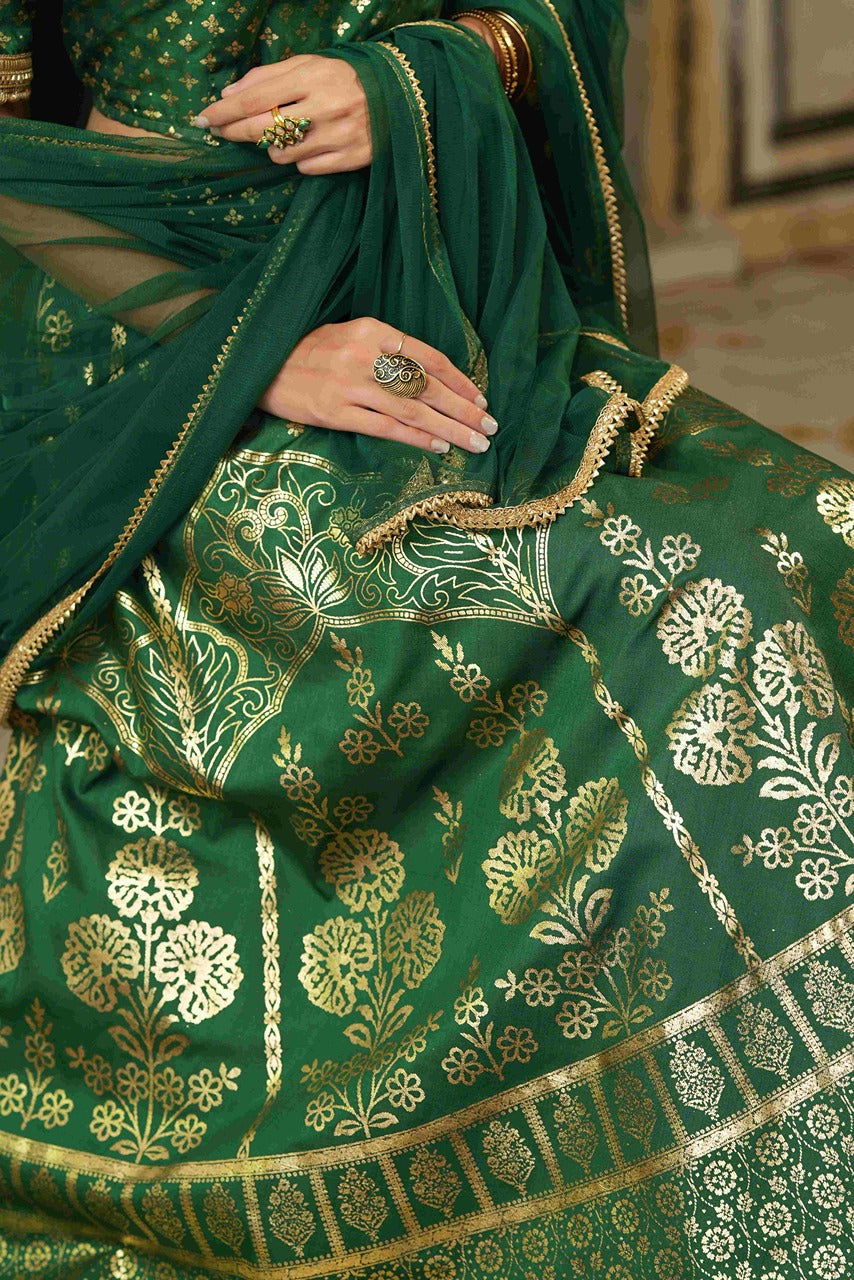 Juniper Green & Gold Ethnic Motif Printed Shantoon Slub Lehenga Choli & Net Dupatta Set.