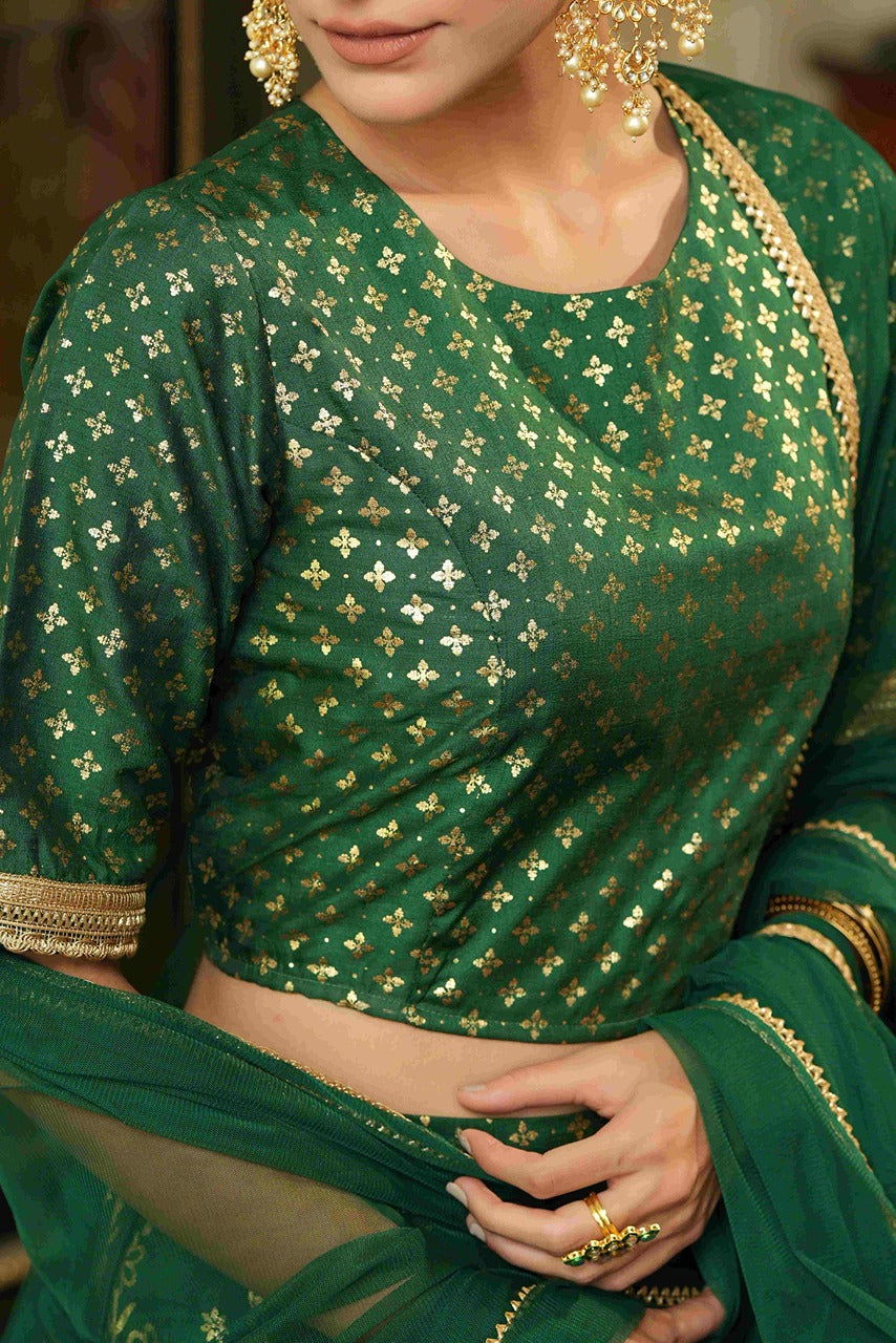 Juniper Green & Gold Ethnic Motif Printed Shantoon Slub Lehenga Choli & Net Dupatta Set.