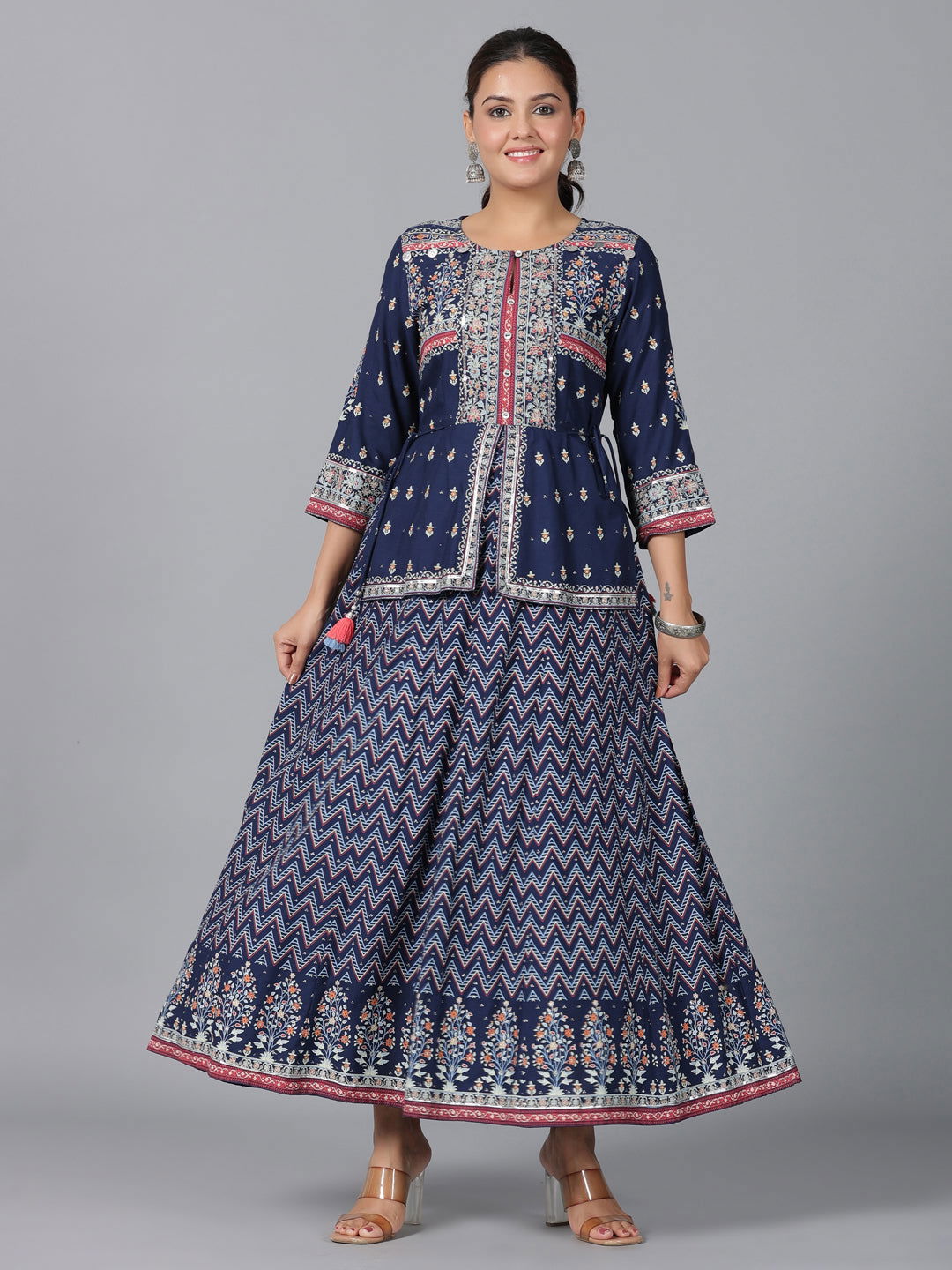 Juniper Indigo Chevron Printed Shantoon Maxi Dress With Sequins work