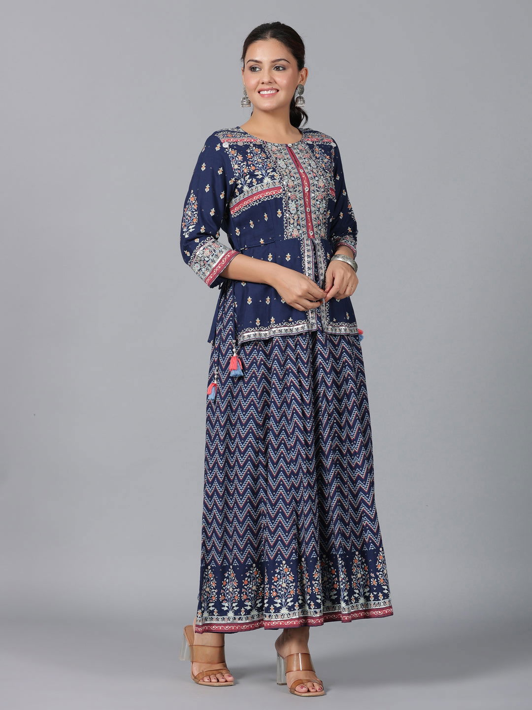 Juniper Indigo Chevron Printed Shantoon Maxi Dress With Sequins work